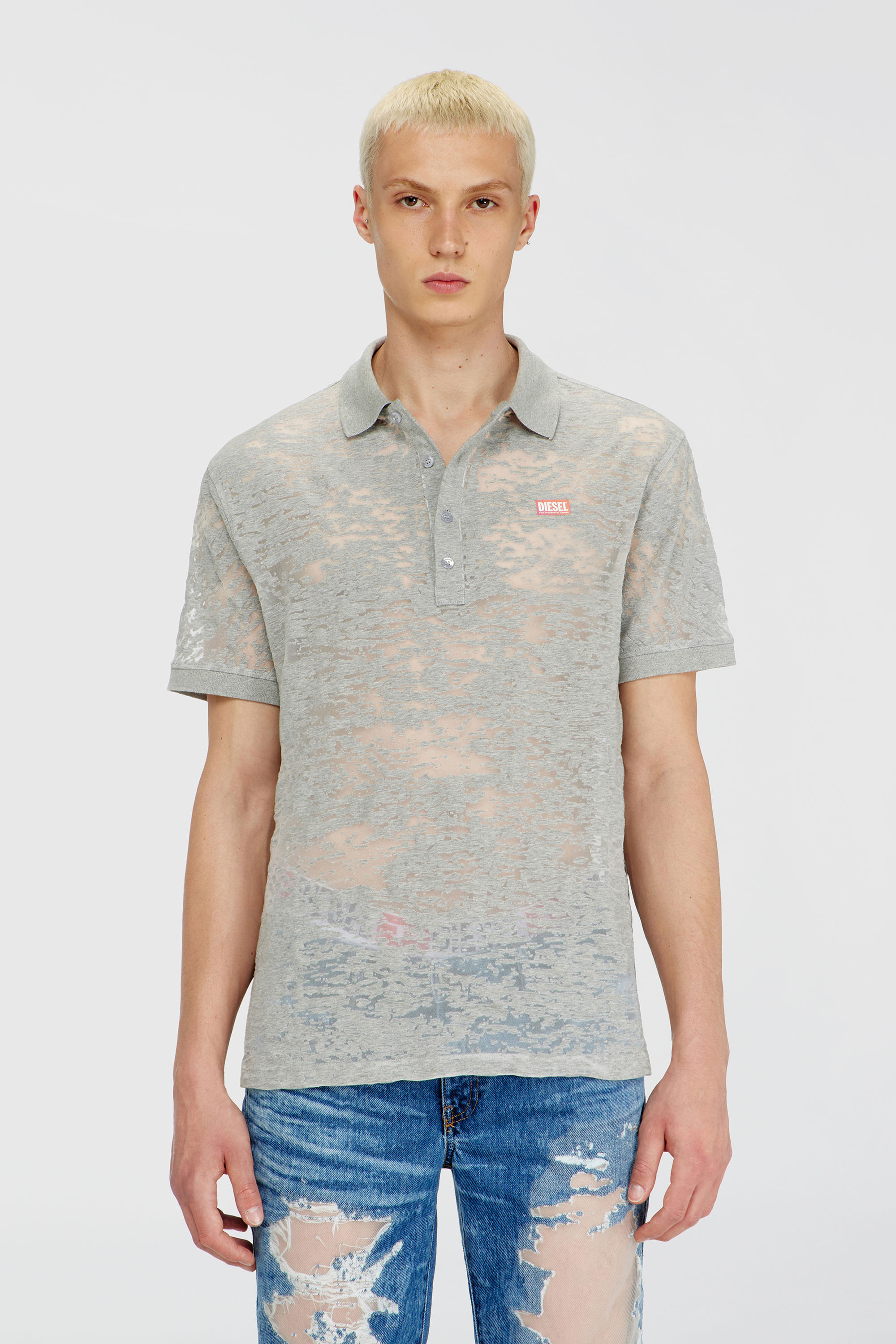Diesel - PR-T-REJUST, Man's Polo shirt in all-over devor&eacute; jersey in Light Grey - 2