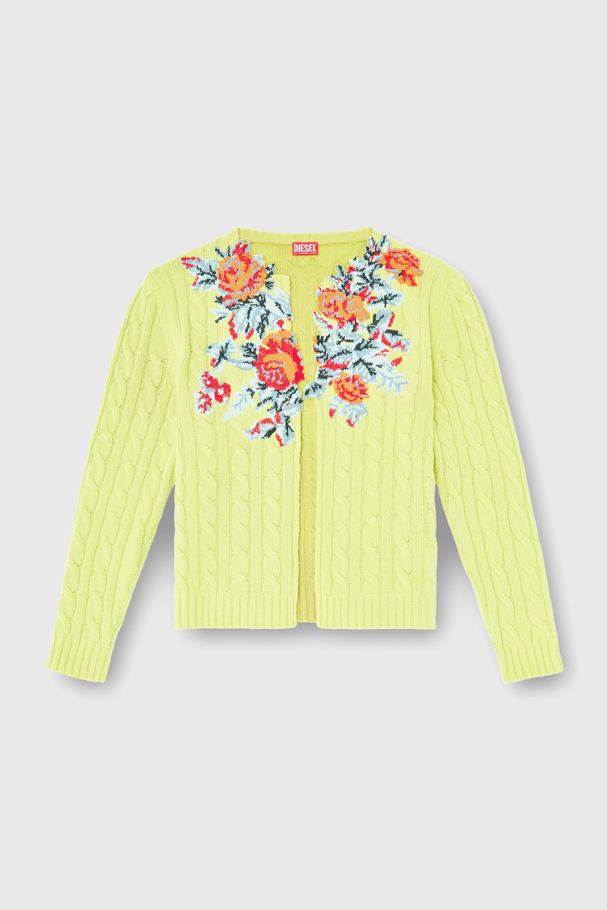 Diesel - K-RINO, Man's Open-front cardigan in floral cable knit in Yellow Fluo - 1