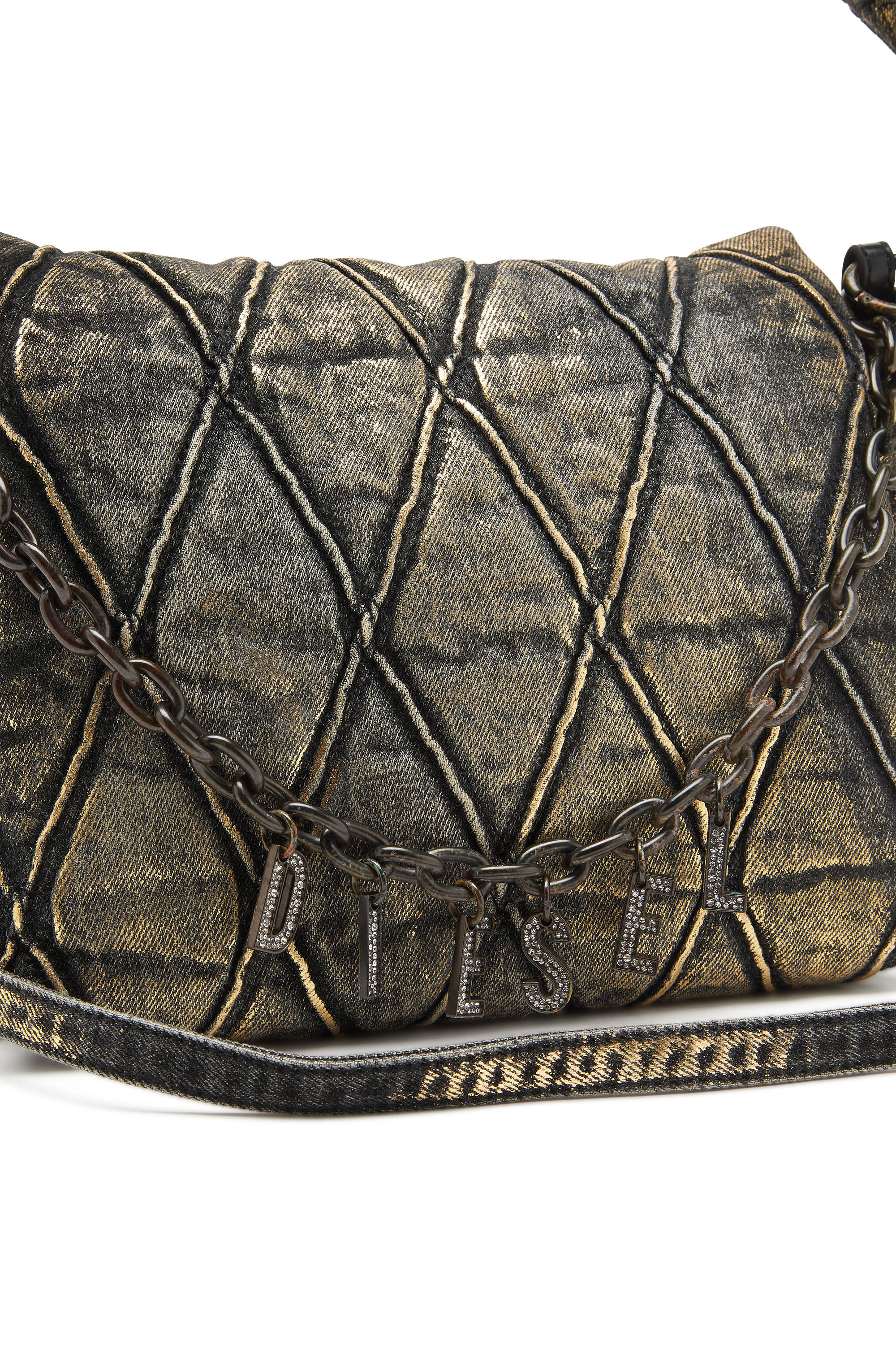 Diesel - CHARM-D SHOULDER M, Woman's Charm-D M-Shoulder bag in metallic quilted denim in Black/Gold - 5