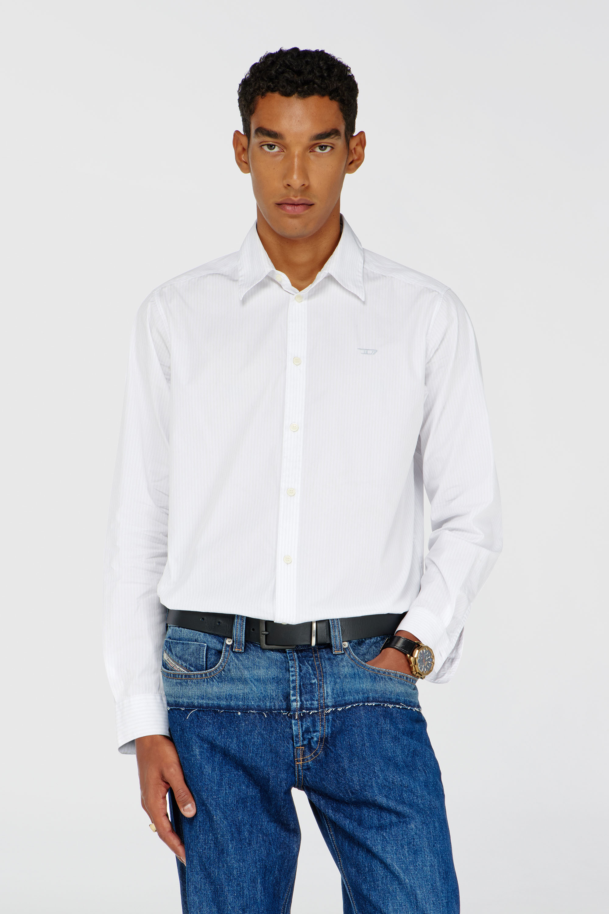 Diesel - S-SIMPLY-NA-DNAN, Man's Striped shirt in cotton with D embroidery in White - 1