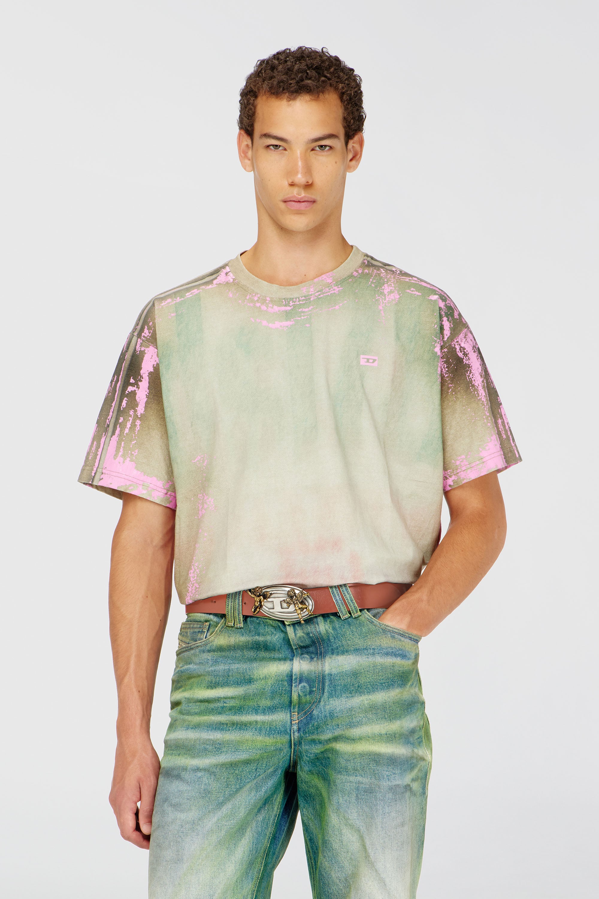Diesel - T-FILMY-SHO, Man's T-shirt in cracked leather-effect jersey in Pink/Green - 2