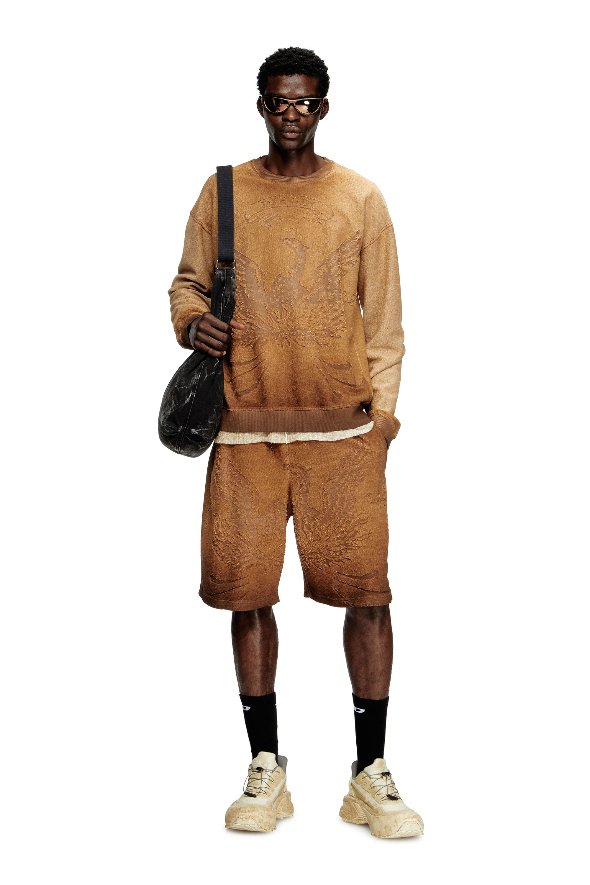 Diesel - P-CROWDE, Man's Sweat shorts with phoenix devoré in Brown - 3