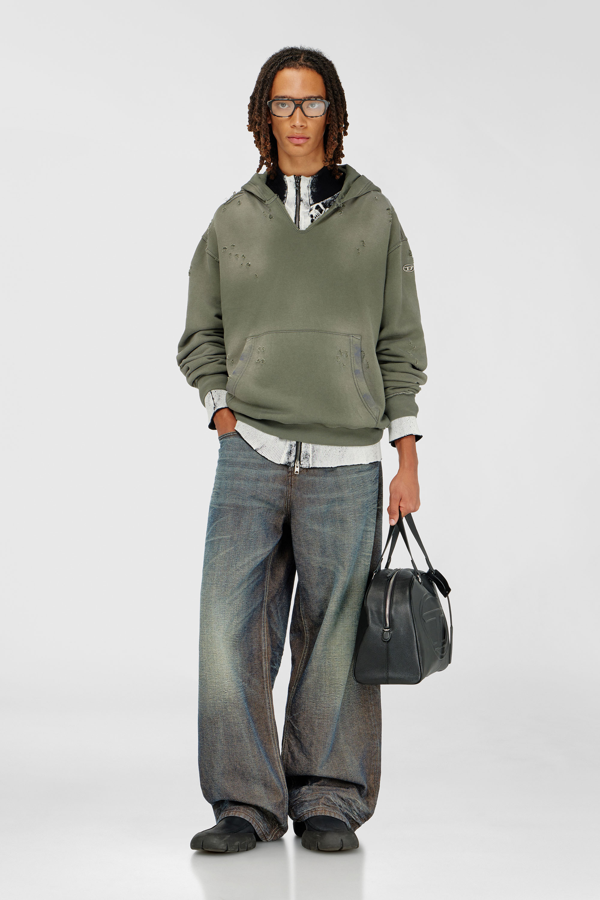 Diesel - S-KEITHY, Man's Distressed hoodie with V-neck in Olive Green - 2