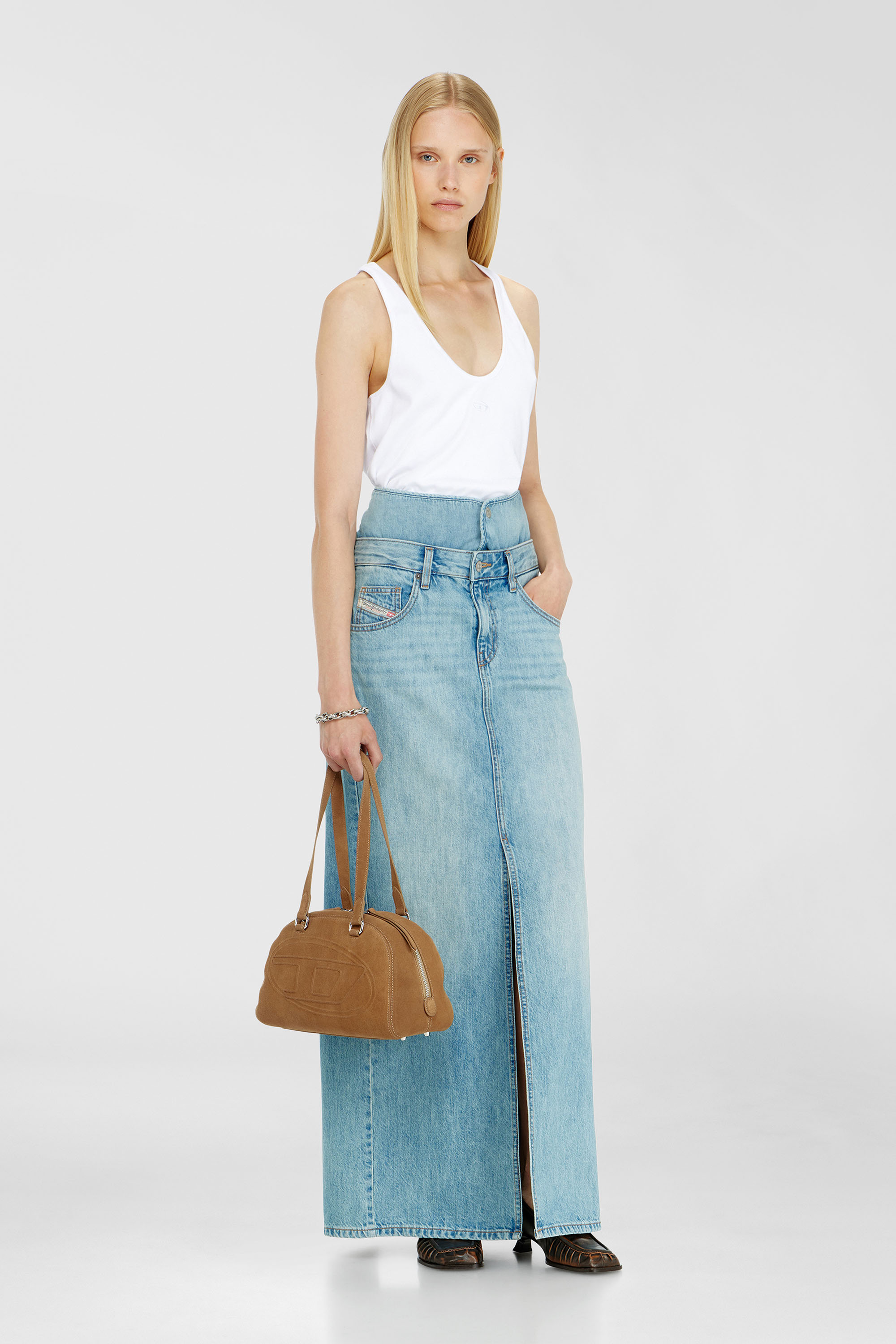 Jean-illusion denim maxi skirt with slits
