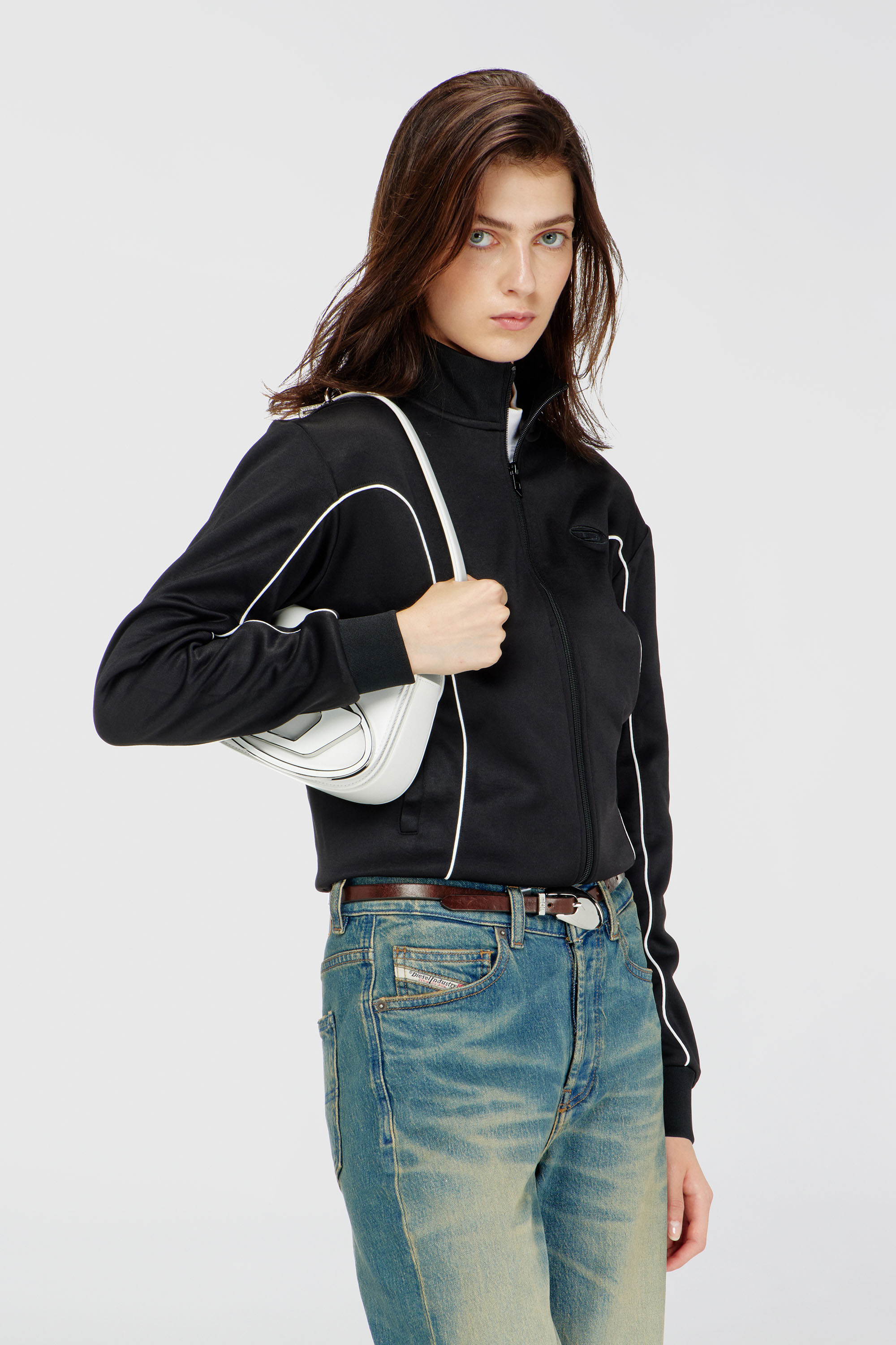 Diesel - F-LOCKING-OD, Woman's Sweat-jacket with contrast piping in Black/White - 1
