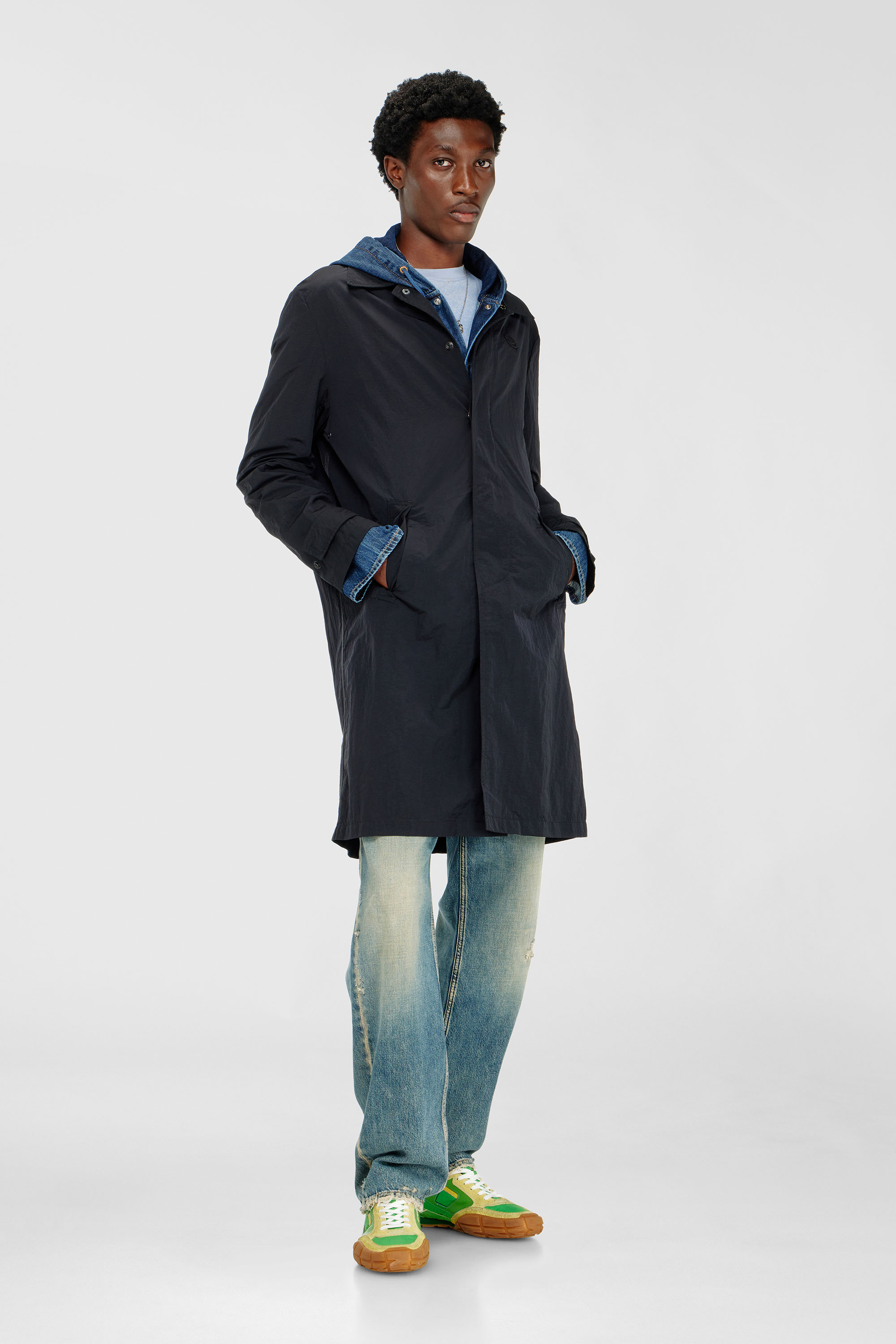Nylon coat with shiny crinkle finish