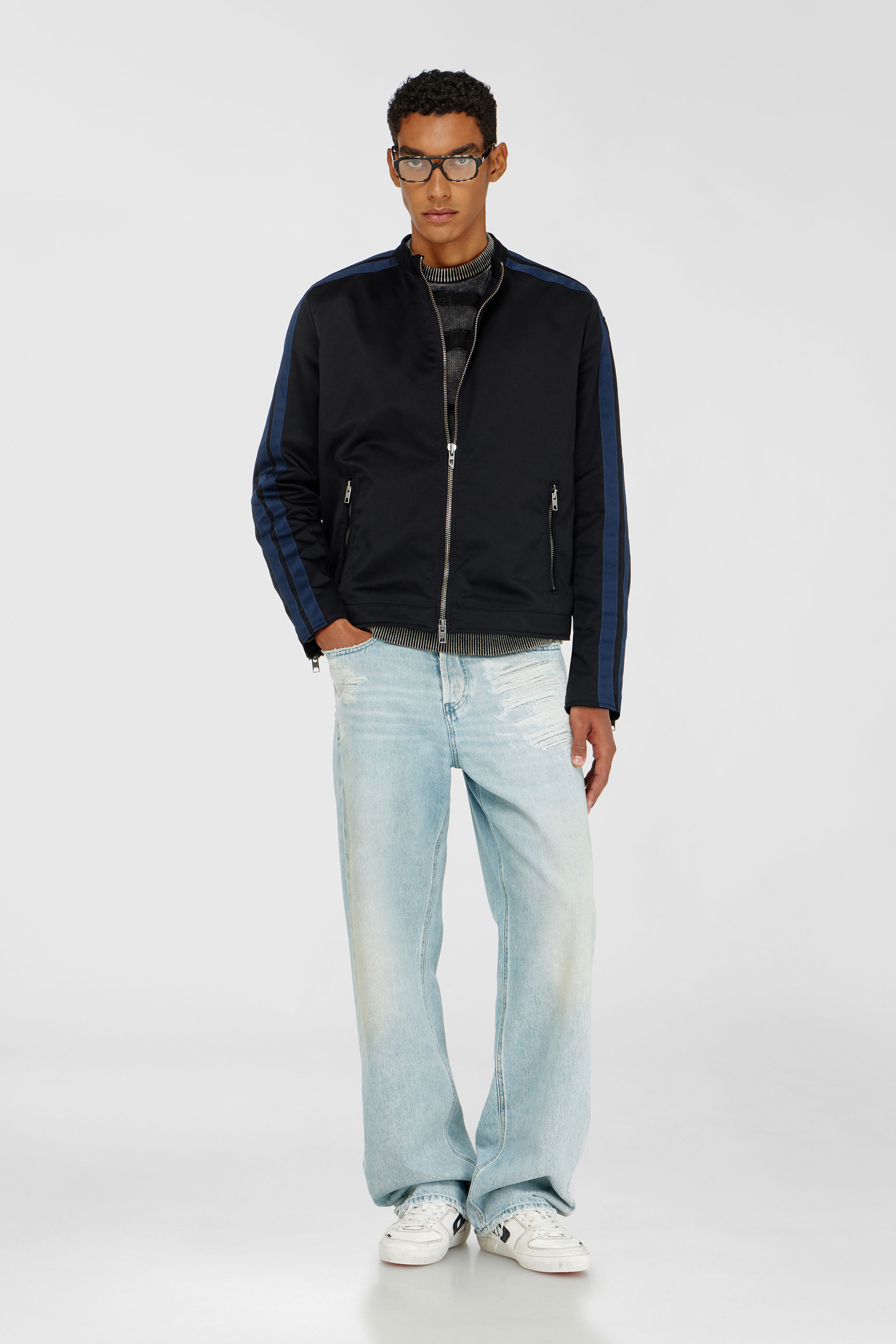 Diesel - J-NAEL, Man's Sporty biker jacket in technical cotton blend in Blue/Black - 2
