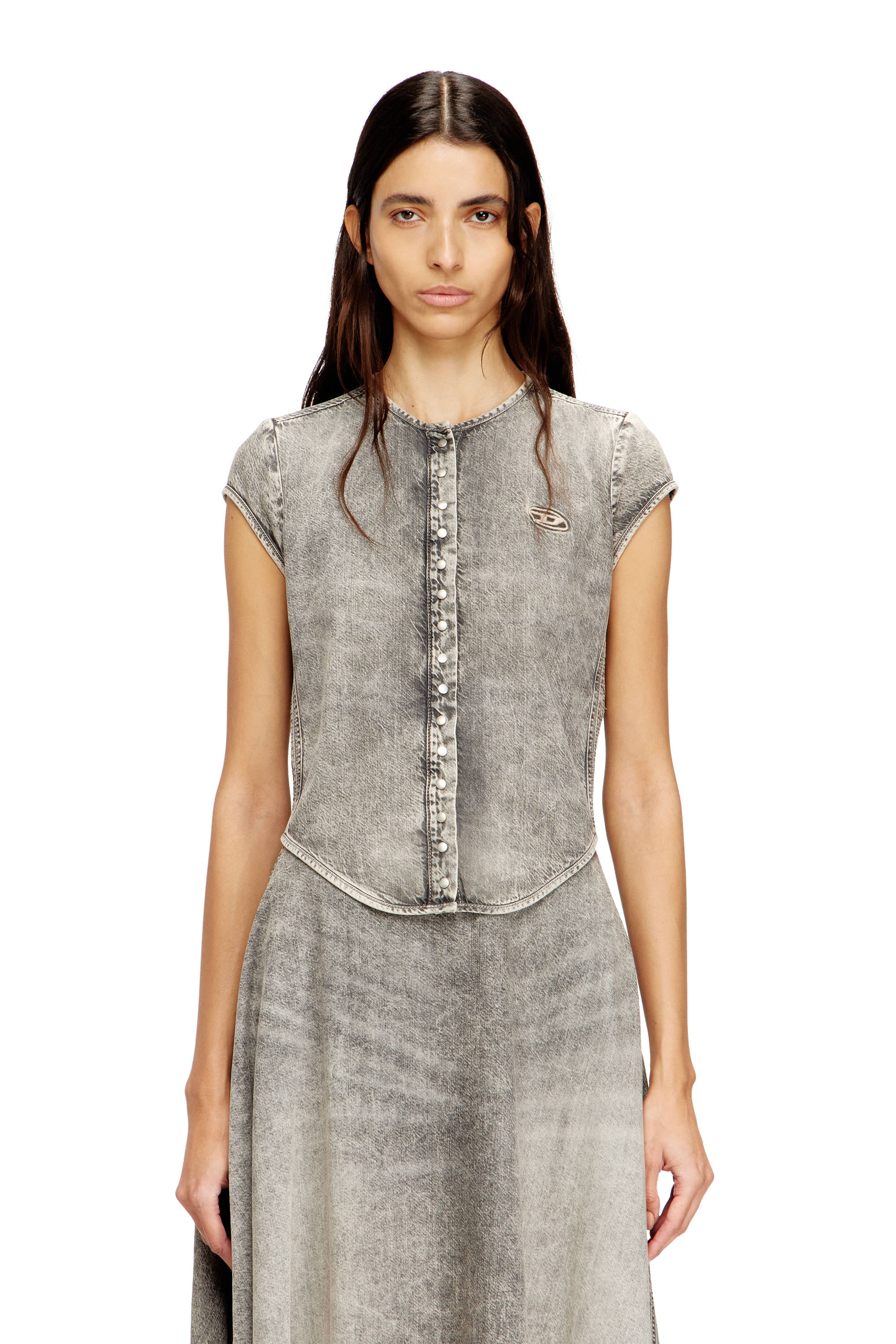 Diesel - DE-ROSET-S, Woman's Short-sleeve denim shirt with athletic stripes in Grey - 1