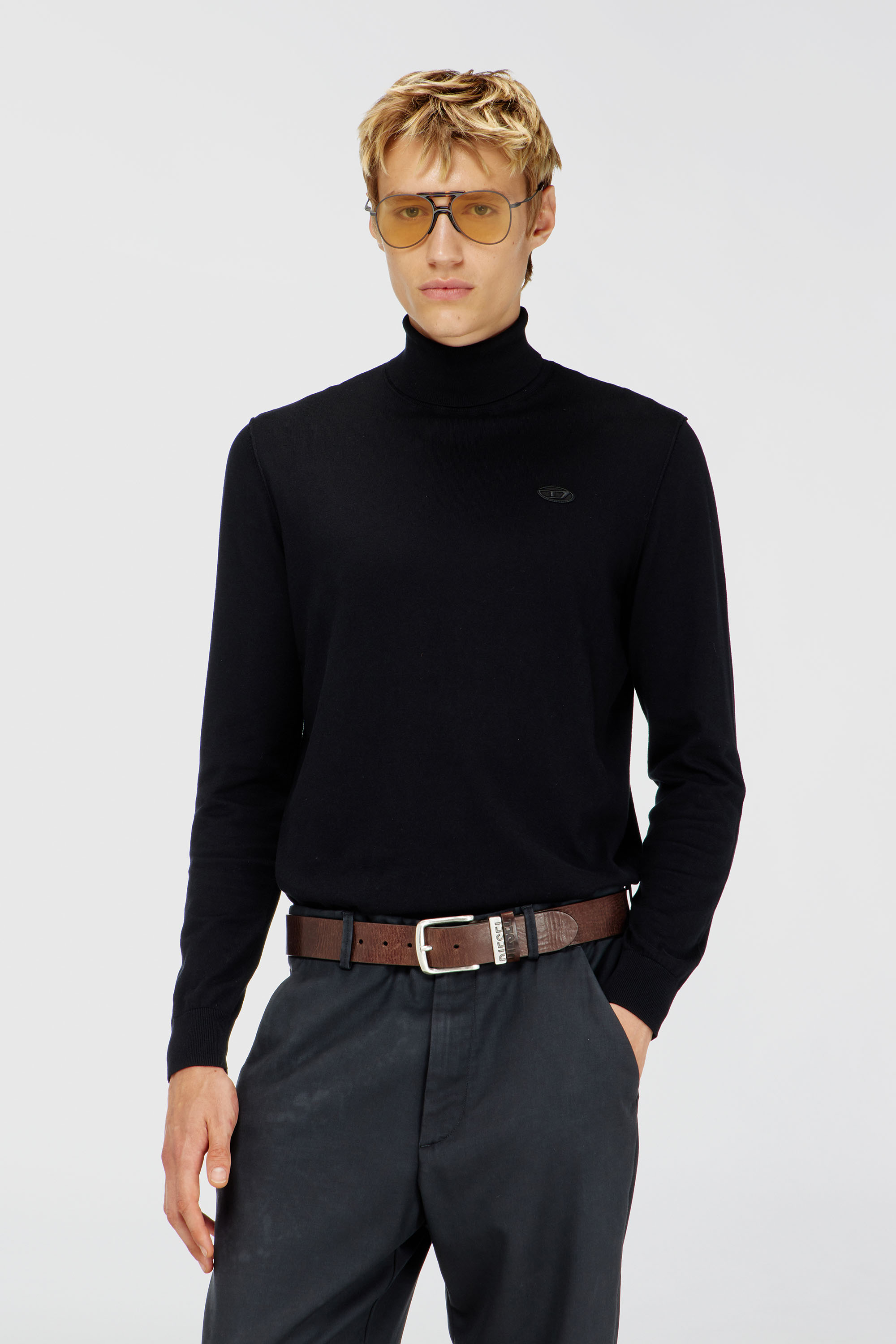 Diesel - K-FREEX-LUP-TAG-T92, Man's Cotton turtleneck with Oval D logo patch in Black - 1