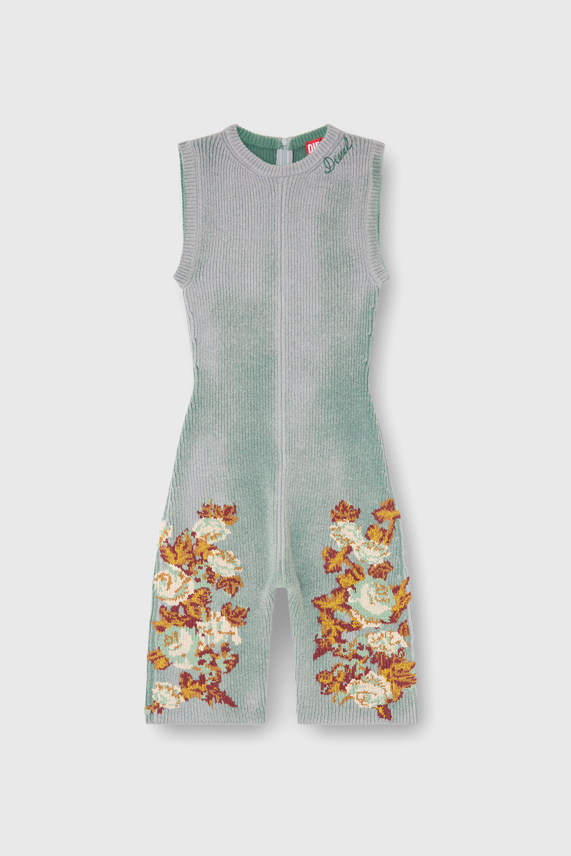 Diesel - M-RAREM, Woman's Knitted playsuit with floral motif in Blue/Green - 1