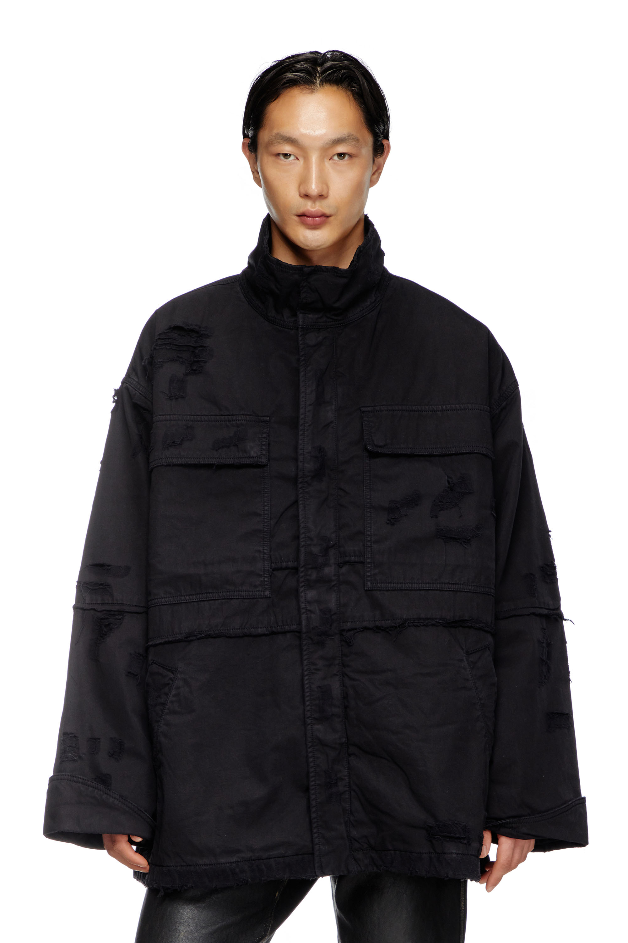 Diesel - J-OISE, Man's Utility jacket in ripped dobby in Black - 1