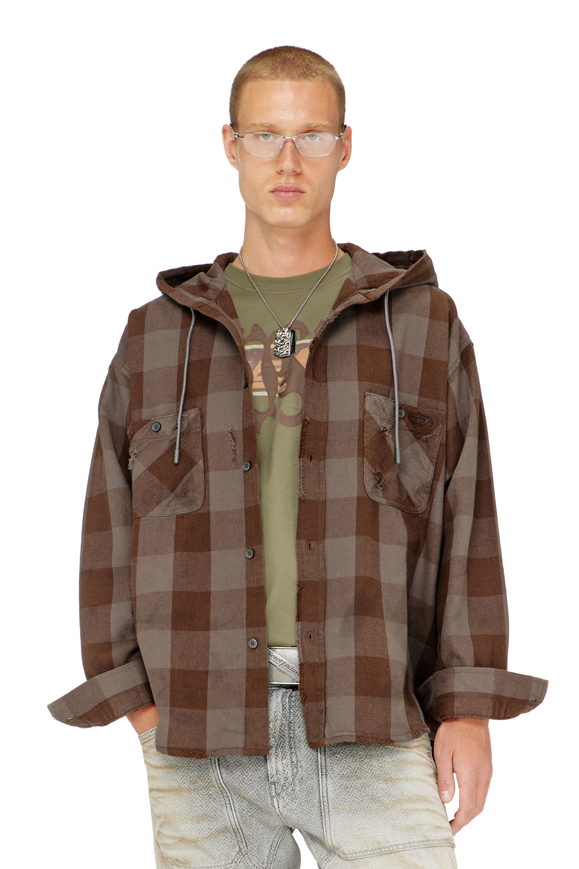 Diesel - S-DRUM-HOODY, Man's Distressed hooded shirt in check flannel in null - 1