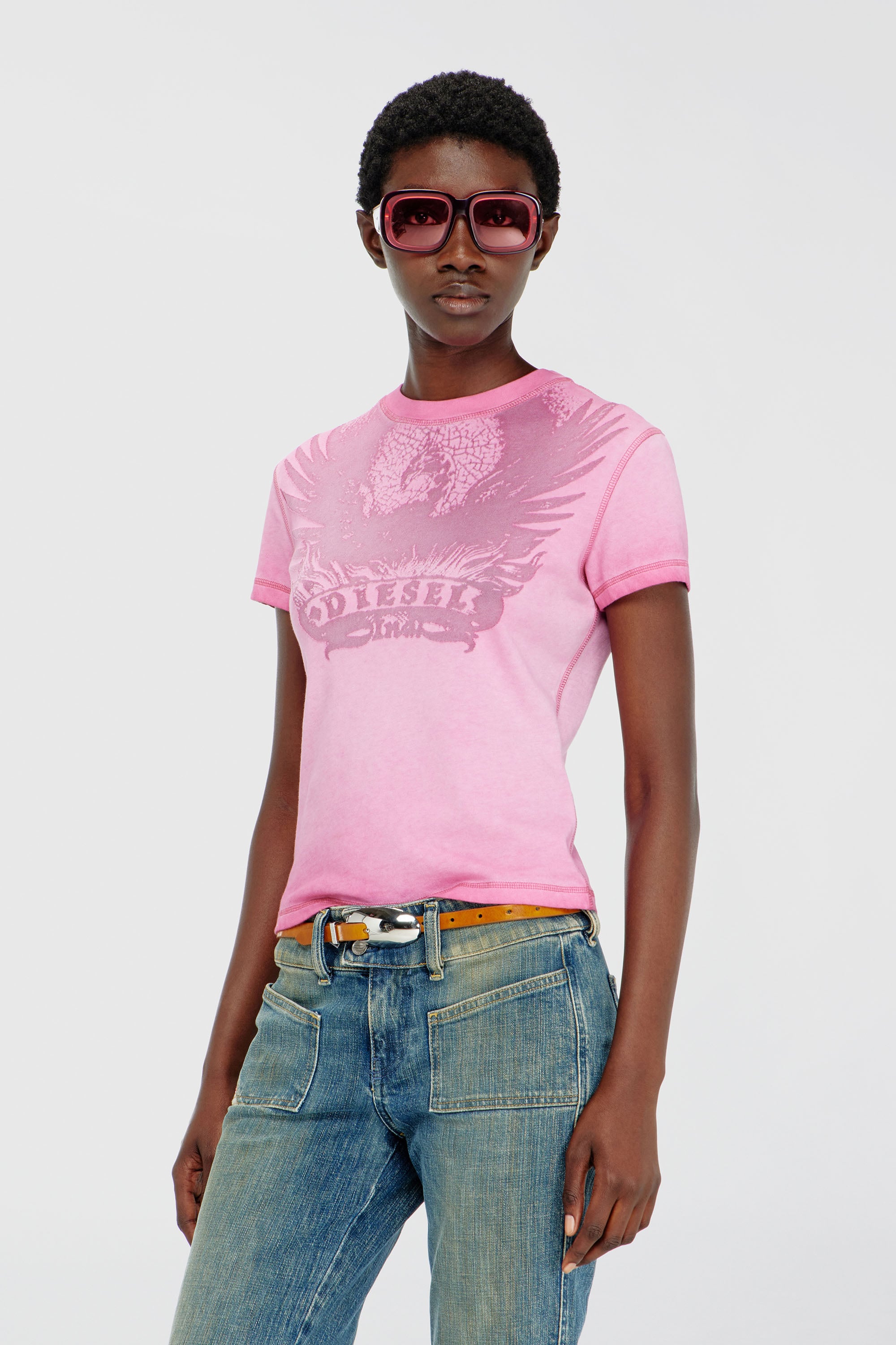 Diesel - T-ILA-AA7, Woman's Slim T-shirt with d&eacute;vor&eacute; Phoenix in Hot pink - 1