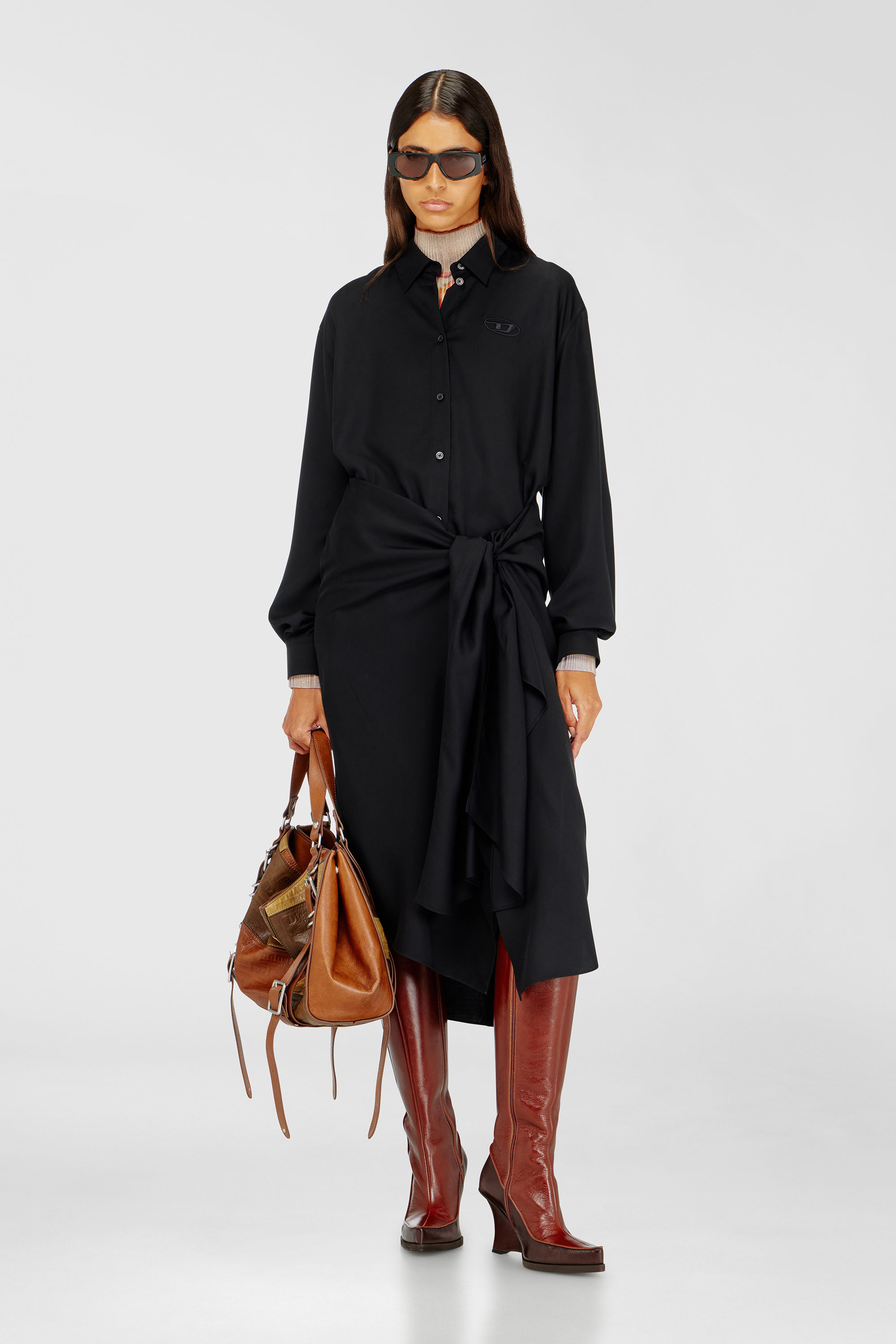 Diesel - D-ILETTA-S1, Woman's Midi shirt dress with twisted detail in Black - 1