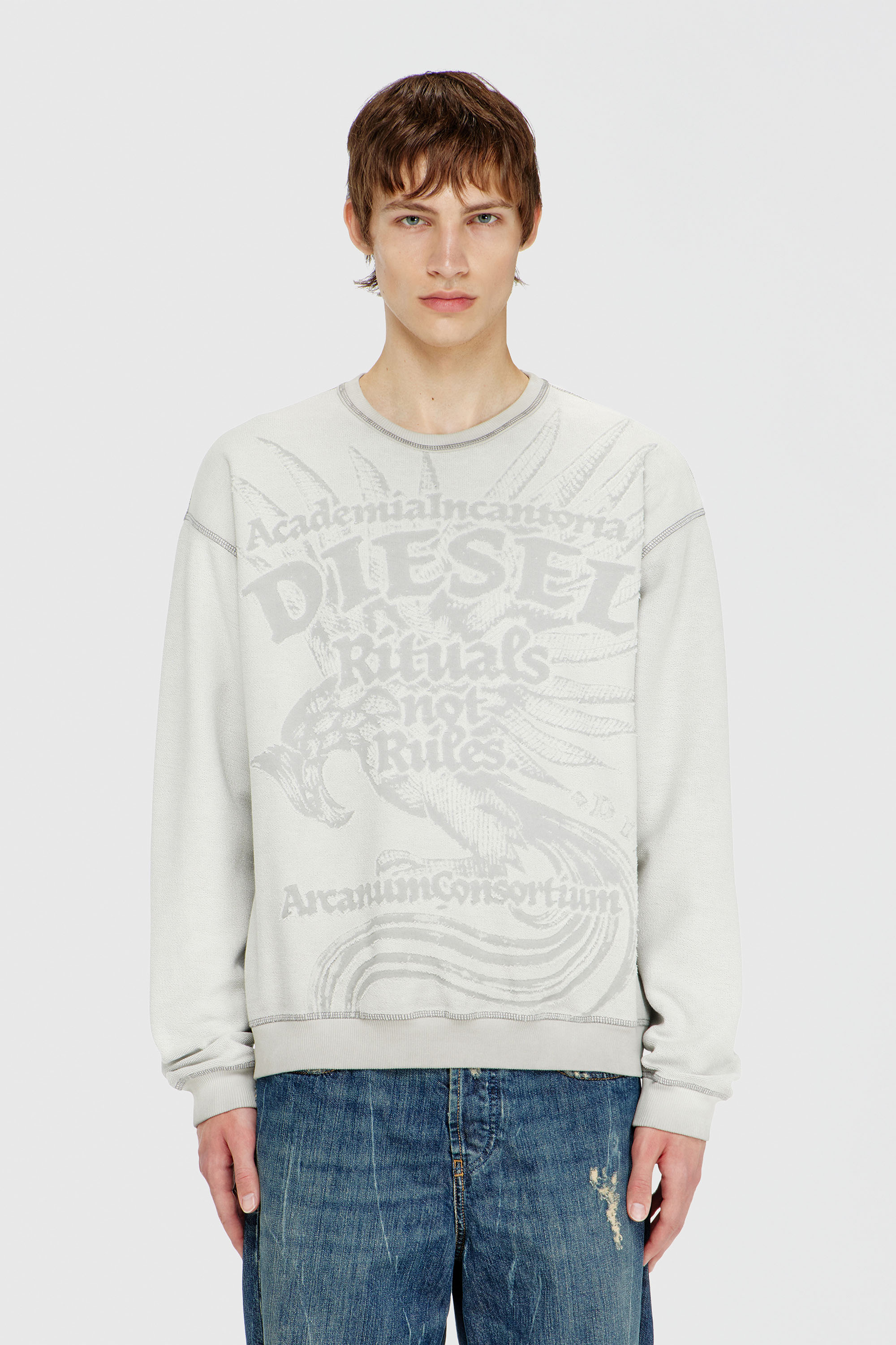 Diesel - S-ARON-RAW, Man's Sweatshirt with d&eacute;vor&eacute; print in Light Grey - 5
