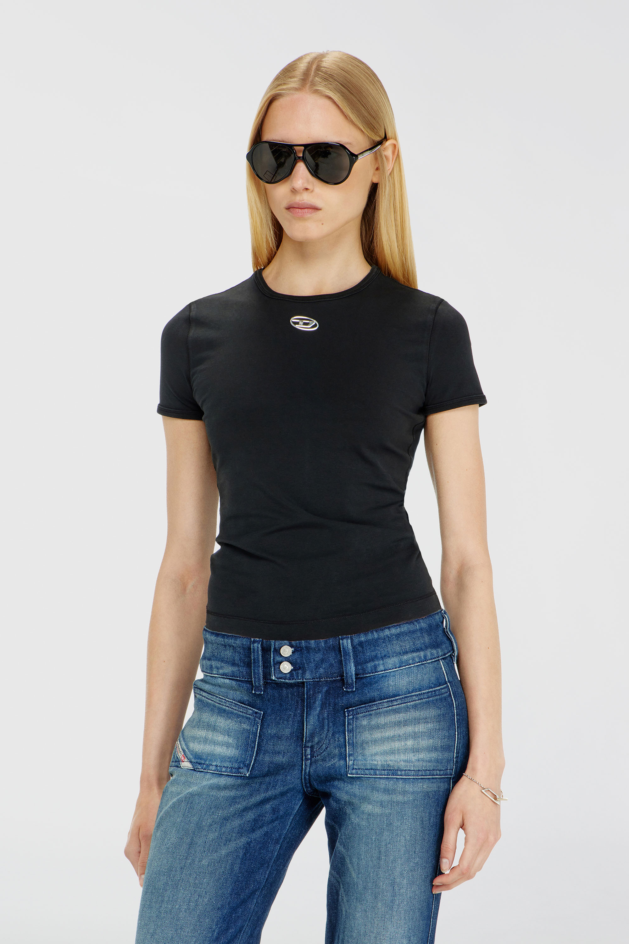Diesel - T-UNCUTIESLONG-OD, Woman's Slim T-shirt with metallic Oval D in Black - 1