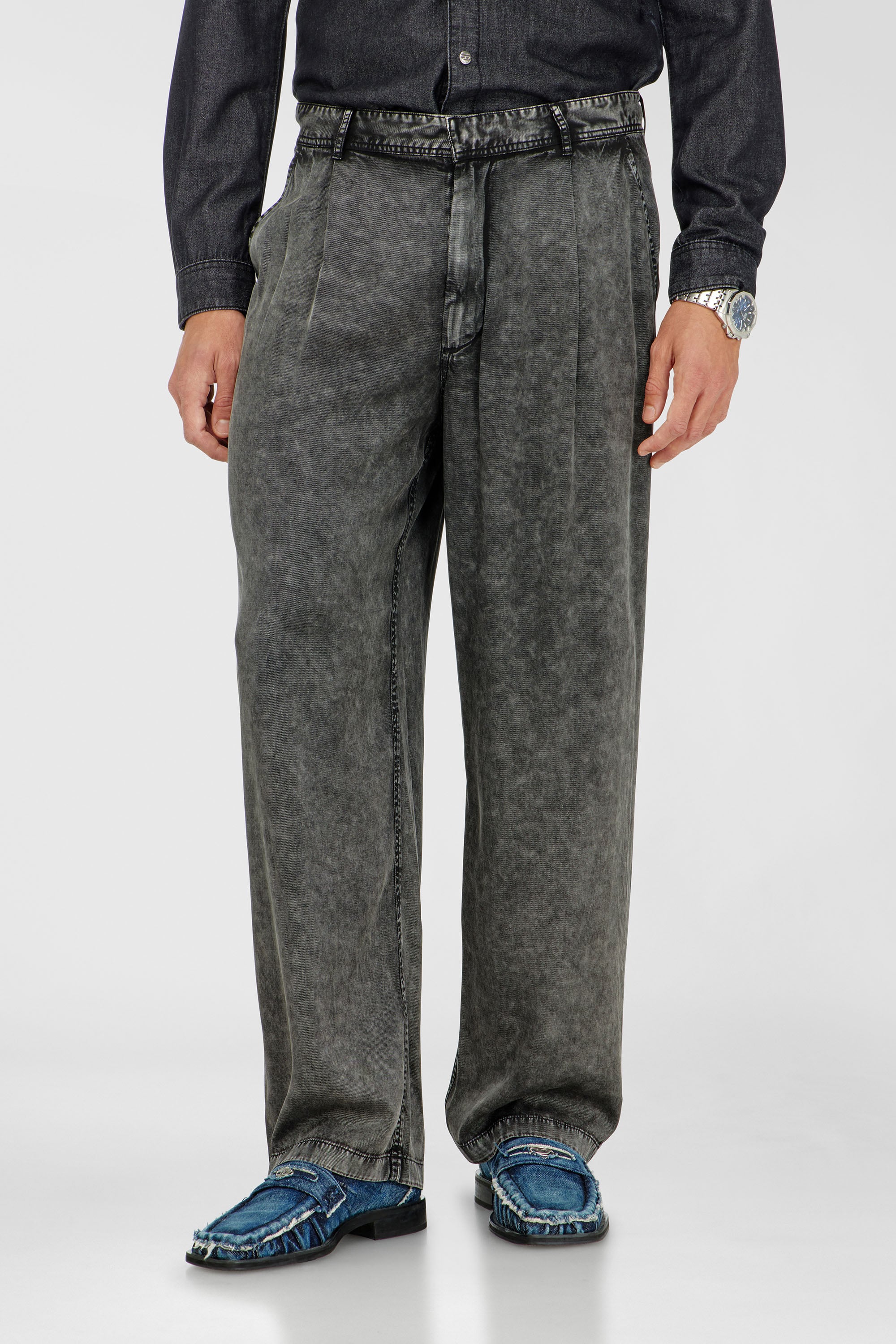 Diesel - P-FAUST-NIBC, Man's Wide-leg pants in denim-effect viscose in Dark grey - 1