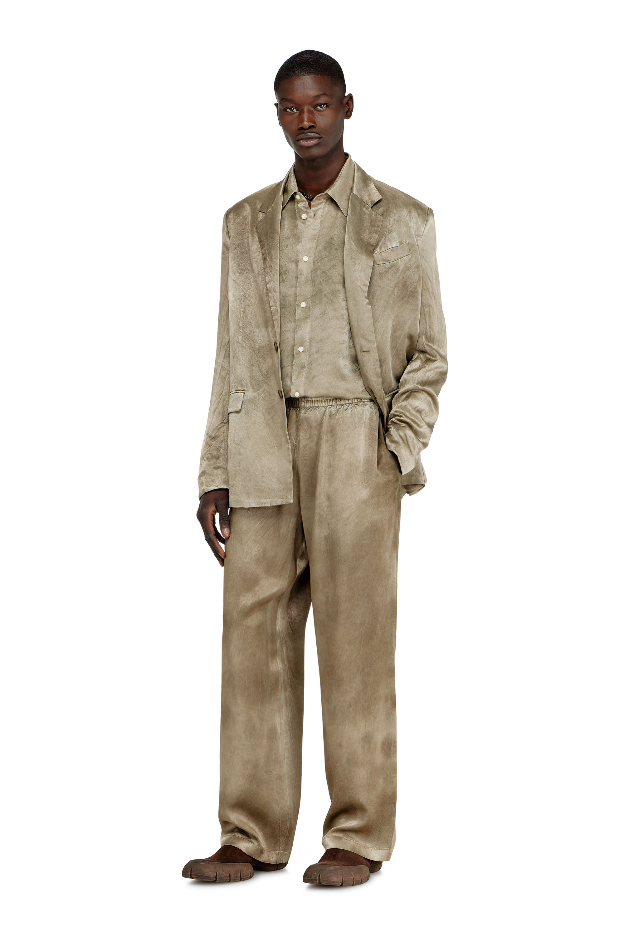 Diesel - S-KISSY-HNBW, Man's Shirt in logo-jacquard crinkled satin in Light Brown - 1