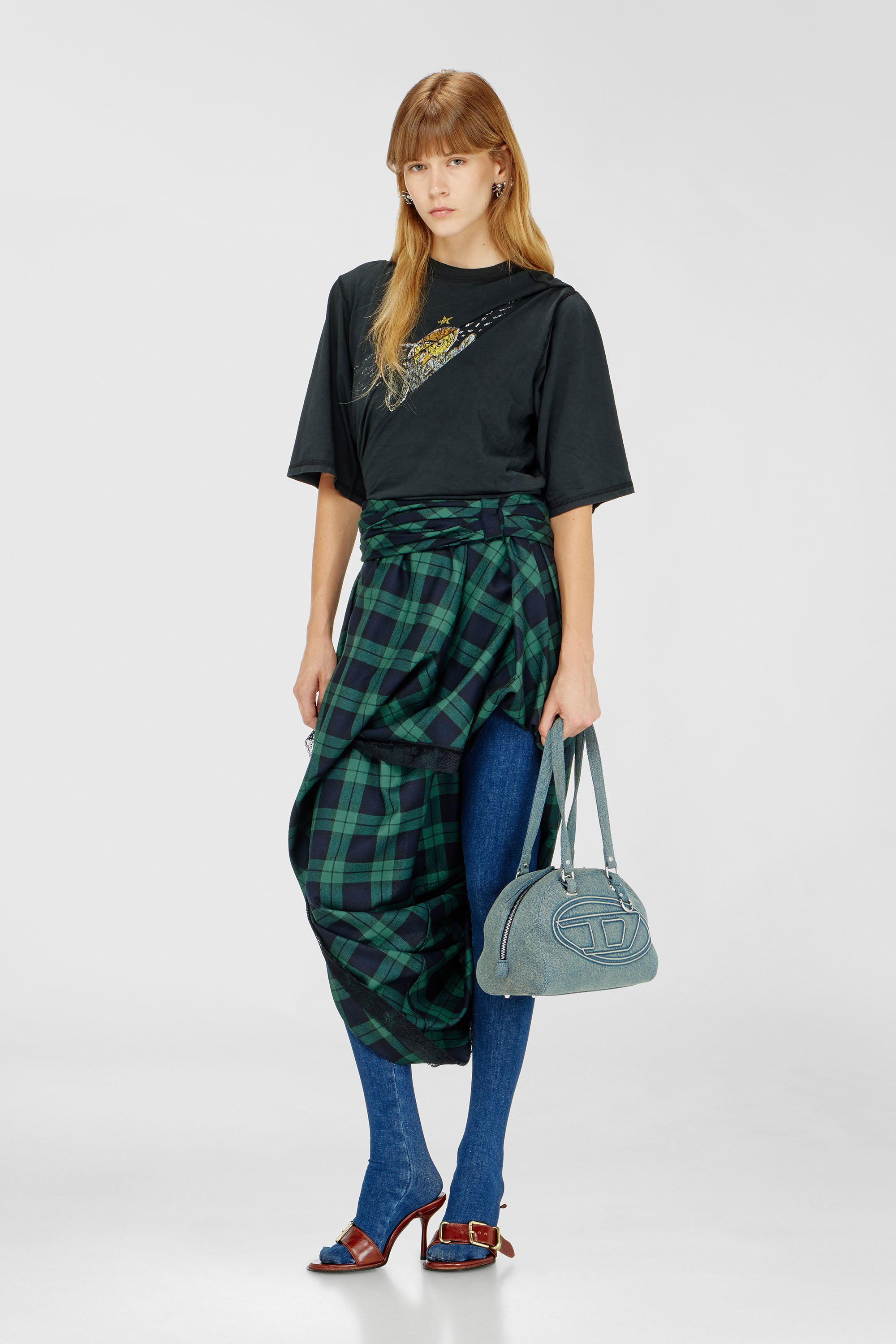 Draped tartan midi skirt with lace trim