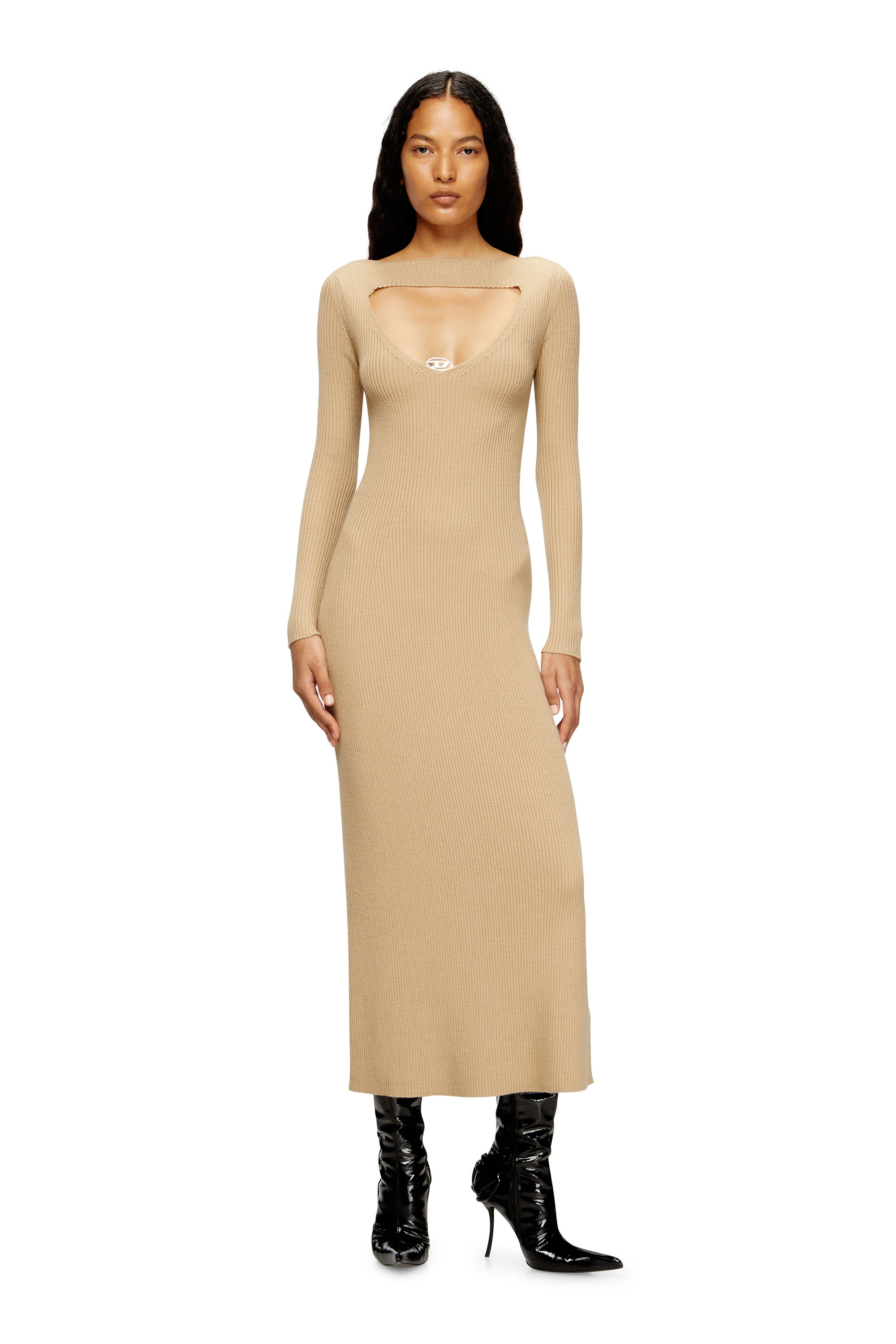 Diesel - M-OLONI, Woman's Midi wool dress with inlay in Beige - 2