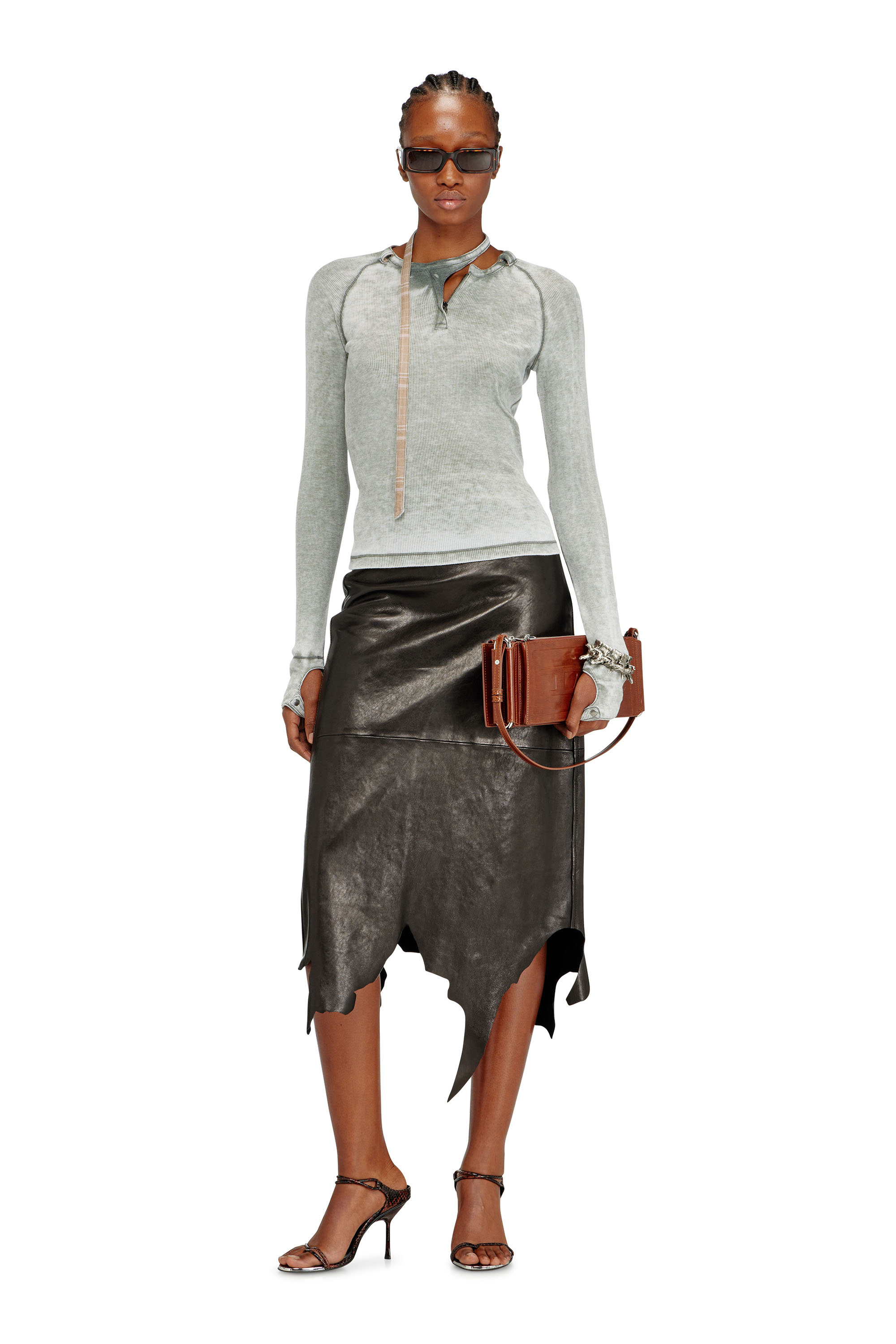 Diesel - L-TORN, Woman's Leather midi skirt with jagged hem in Black - 2