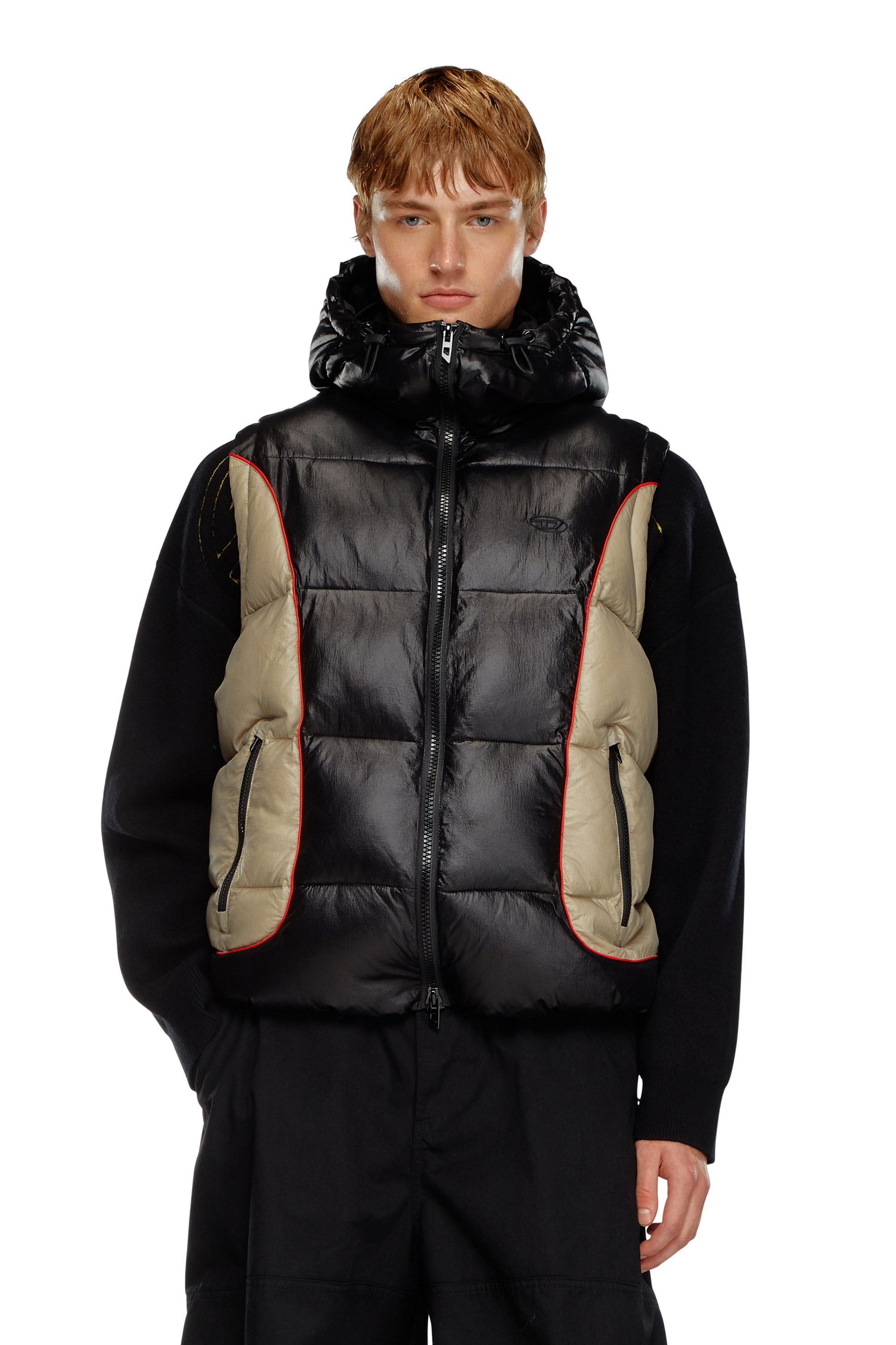 Diesel - W-OSTEND-SL, Man's Hooded puffer vest in shiny ripstop in Black/Beige - 1