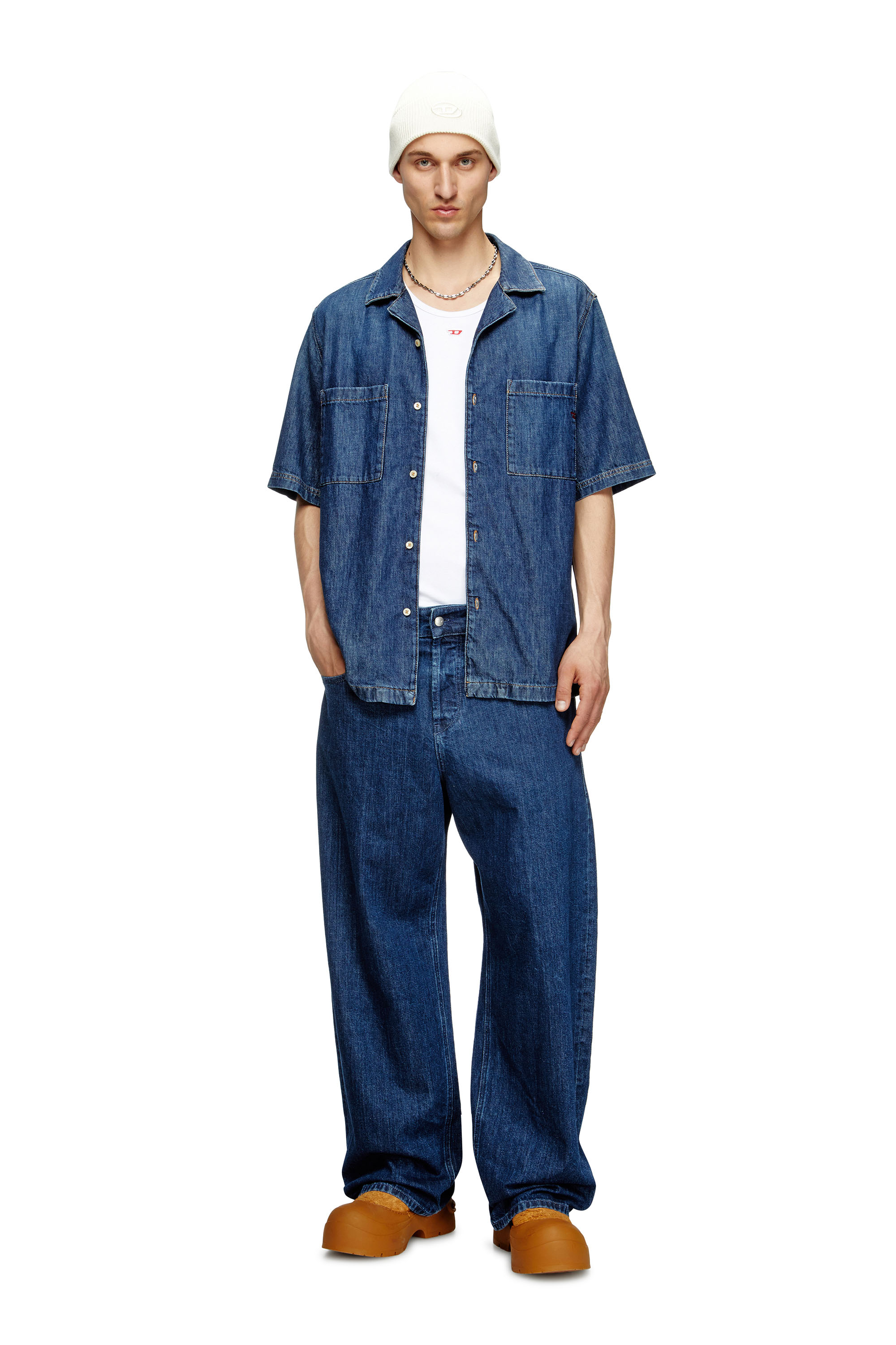 Diesel - D-PAROSHORT, Man's Bowling shirt in denim in Dark Blue - 1