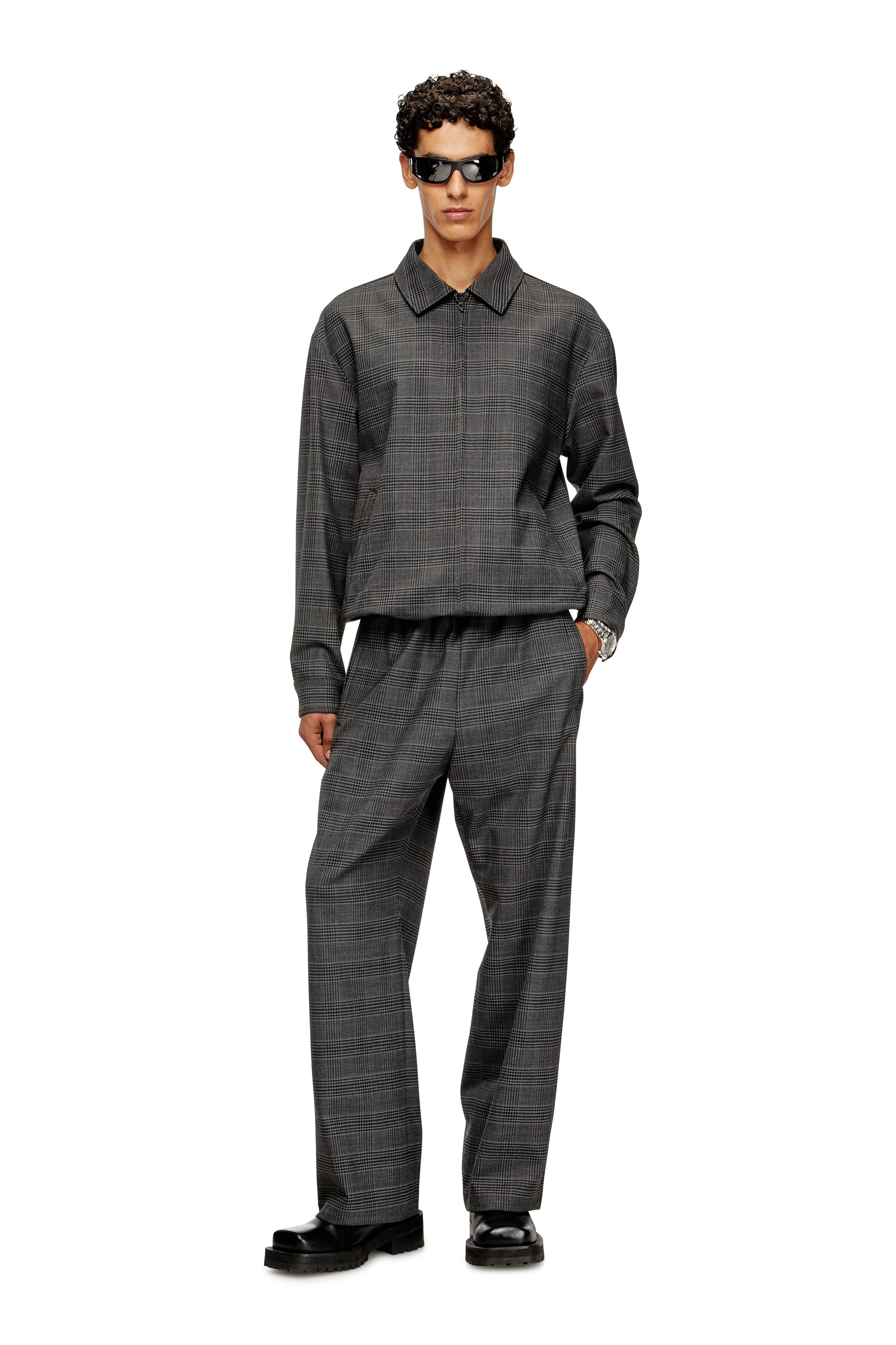 Diesel - J-TING, Man's Coach jacket in Prince of Wales wool blend and satin in Black/Grey - 1