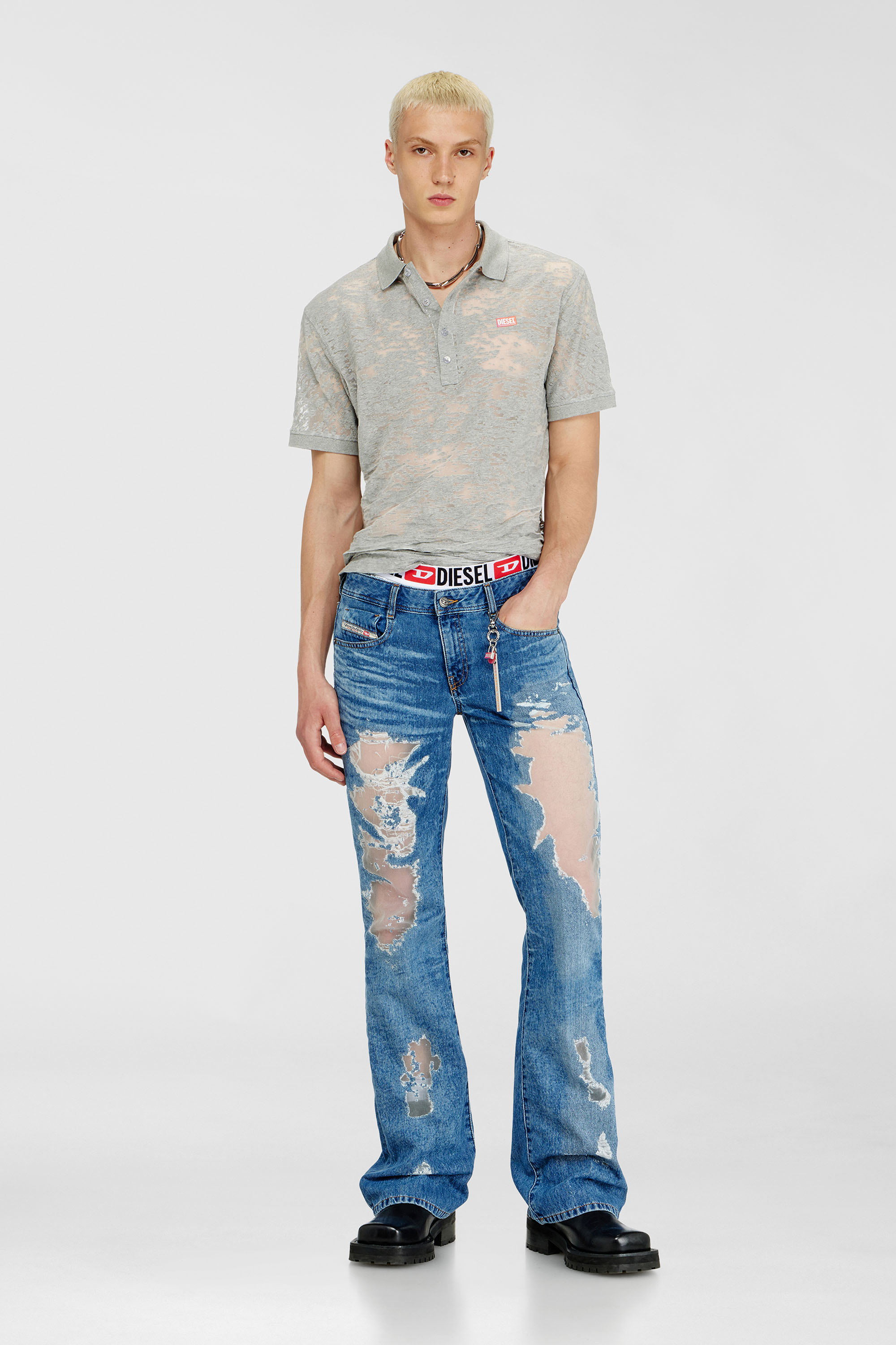 Diesel - PR-T-REJUST, Man's Polo shirt in all-over devor&eacute; jersey in Light Grey - 1