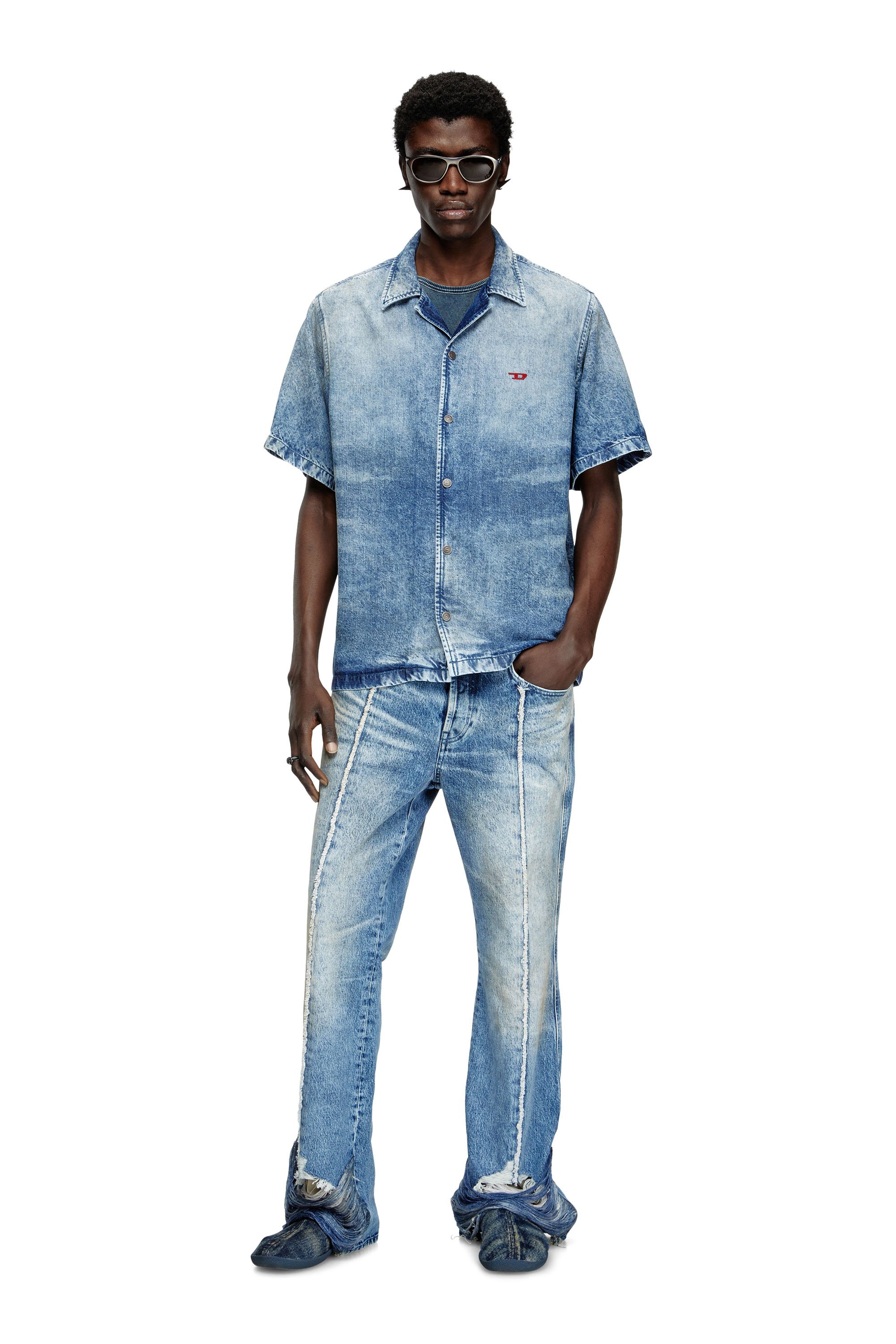 Diesel - D-NABIL-FSG, Man's Bowling shirt in distressed denim in Medium blue - 2