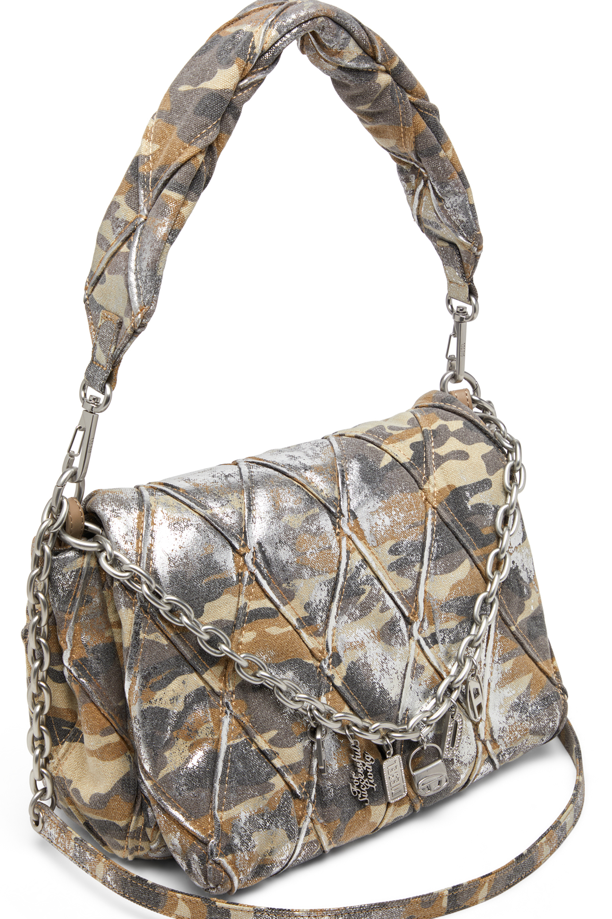 Diesel - CHARM-D SHOULDER M, Woman's Shoulder bag in metallic camo canvas in Multicolor/Brown - 5