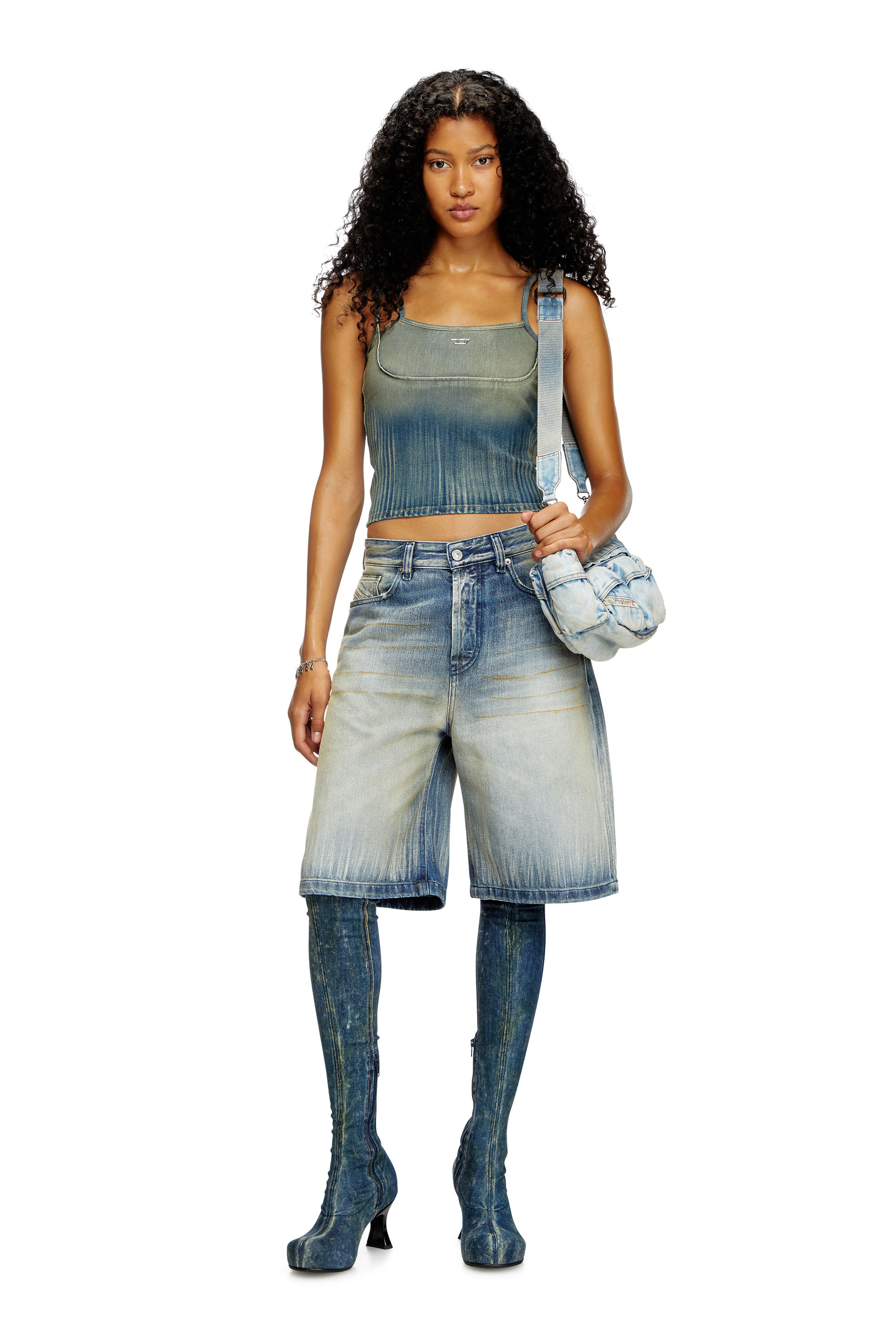 Diesel - DE-MADDY-S, Woman's Crop top in light streaky denim in Medium blue - 2