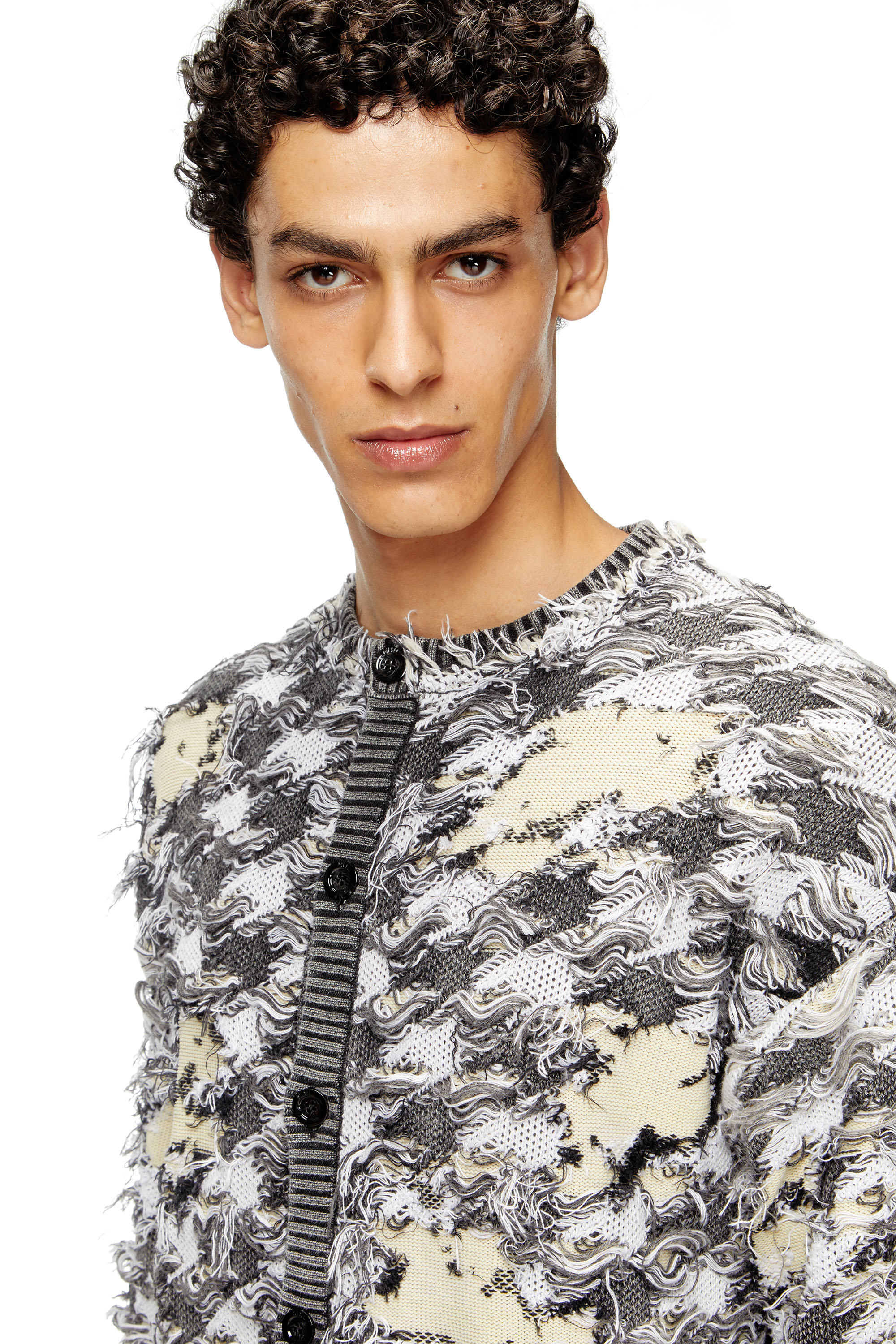 Diesel - K-VALBOR, Man's Cardigan in devoré houndstooth jacquard in Beige/Grey - 5