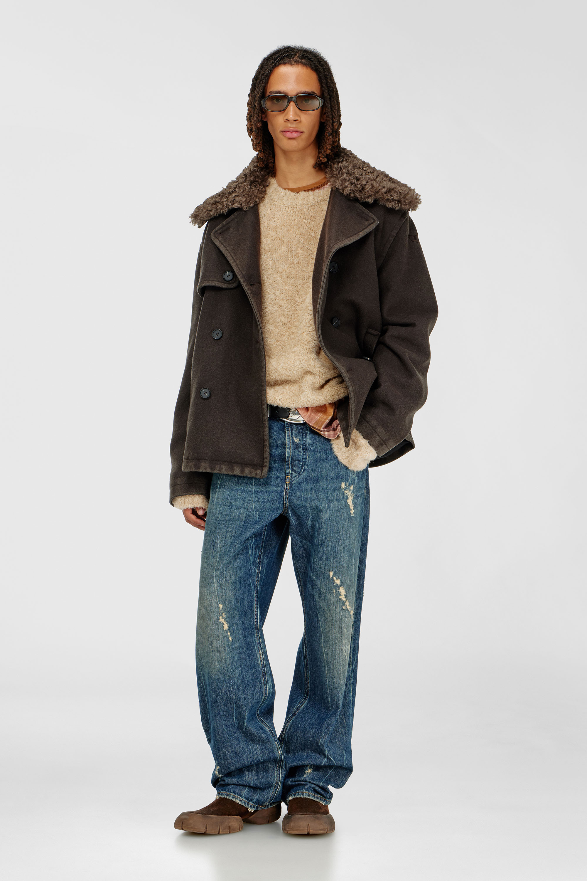 Wool-blend peacoat with detachable collar