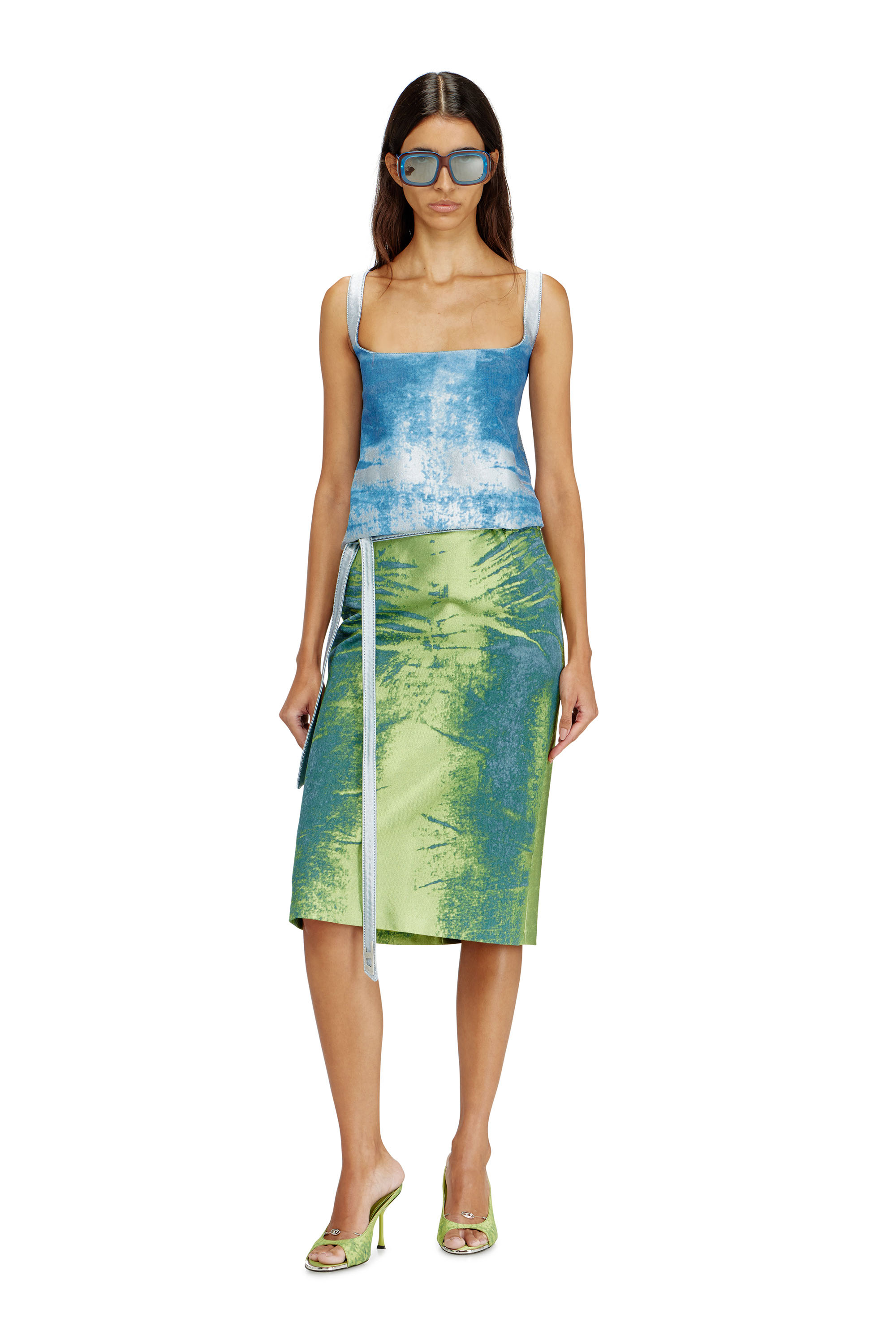Diesel - DE-SANAT-FSI, Woman's Open-back apron dress in coloured satin denim in Blue/Green - 2