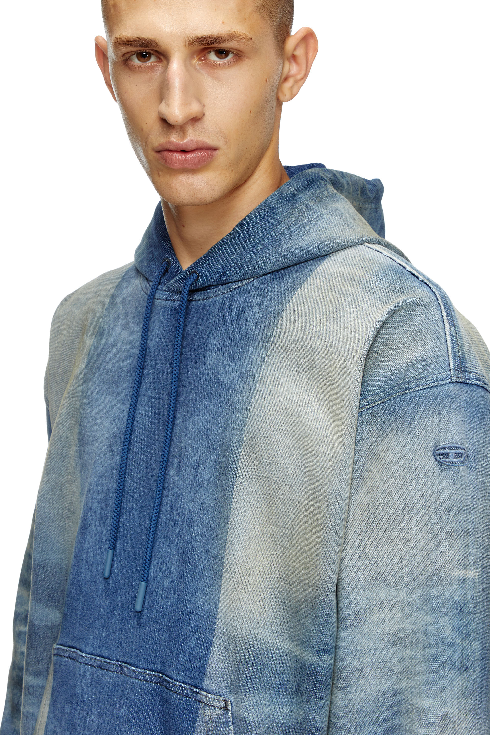 Diesel - D-UM-RIB-FSF TRACK, Unisex's Hoodie in Track Denim with solarised folds in Medium blue - 3