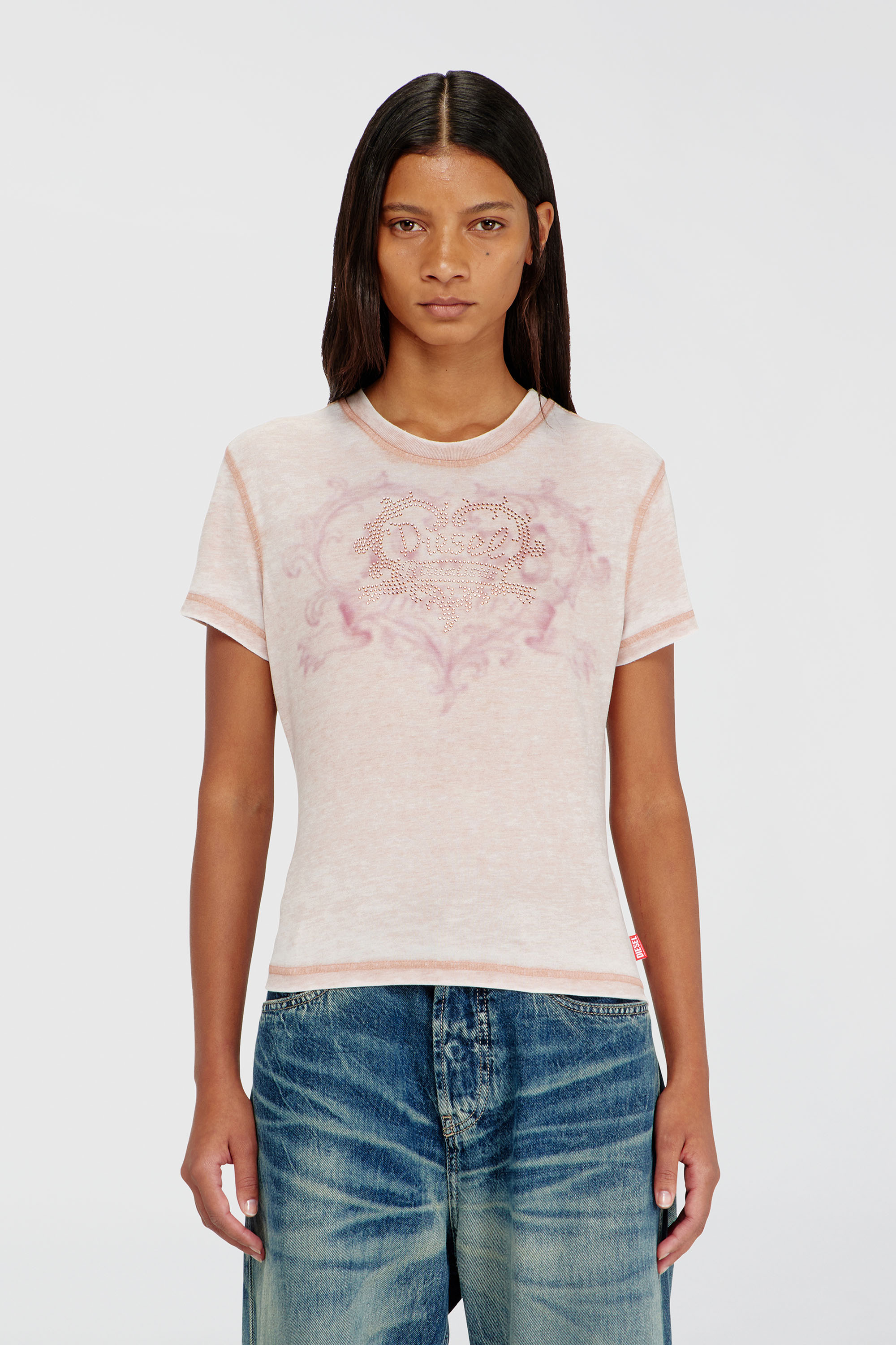 Diesel - T-ILA-AA1, Woman's Jersey t-shirt with rhinestones and burnout effect in Face Powder - 1