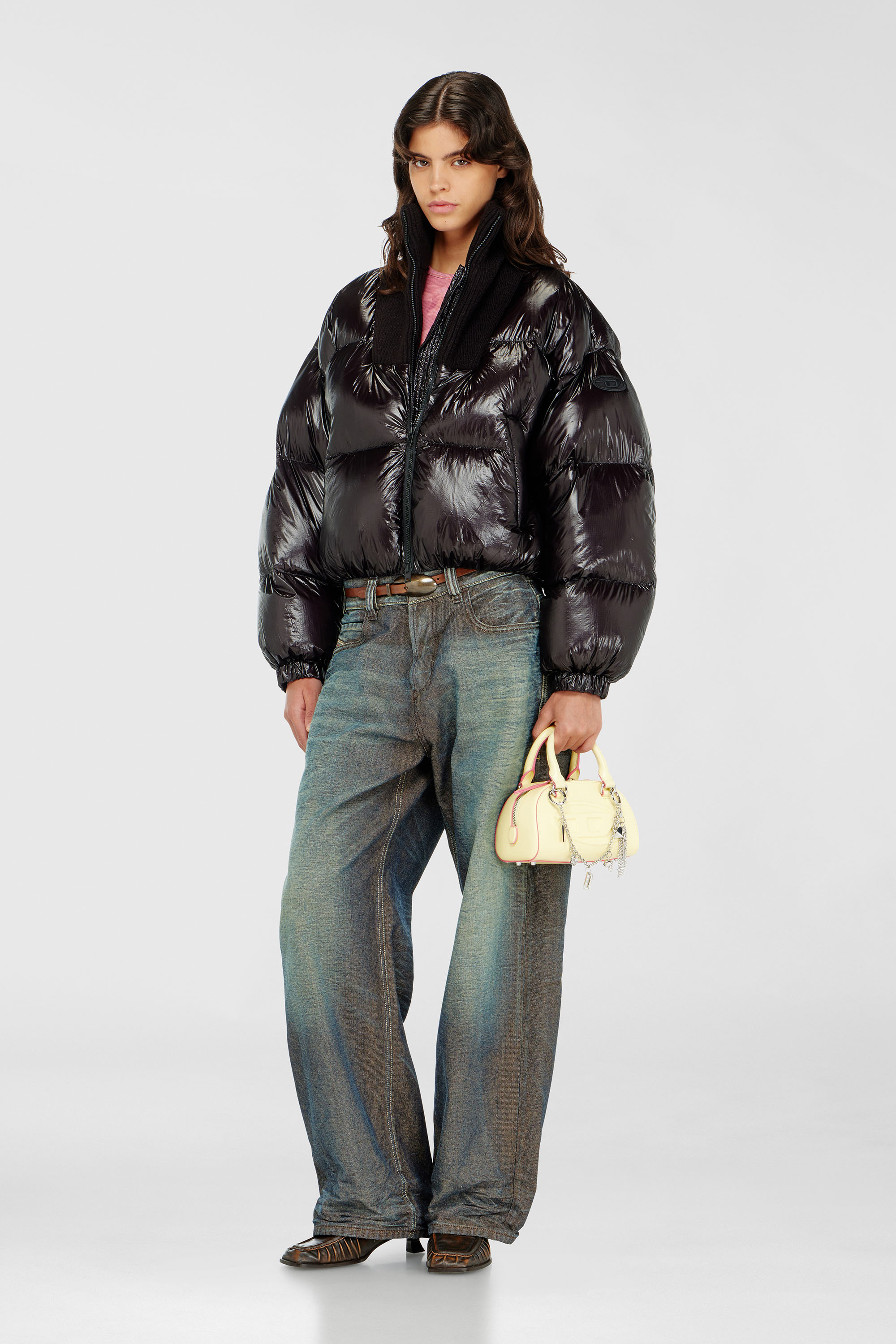Diesel - W-ARRIOR, Woman's Down puffer jacket in ripstop with knitted collar in Black - 1