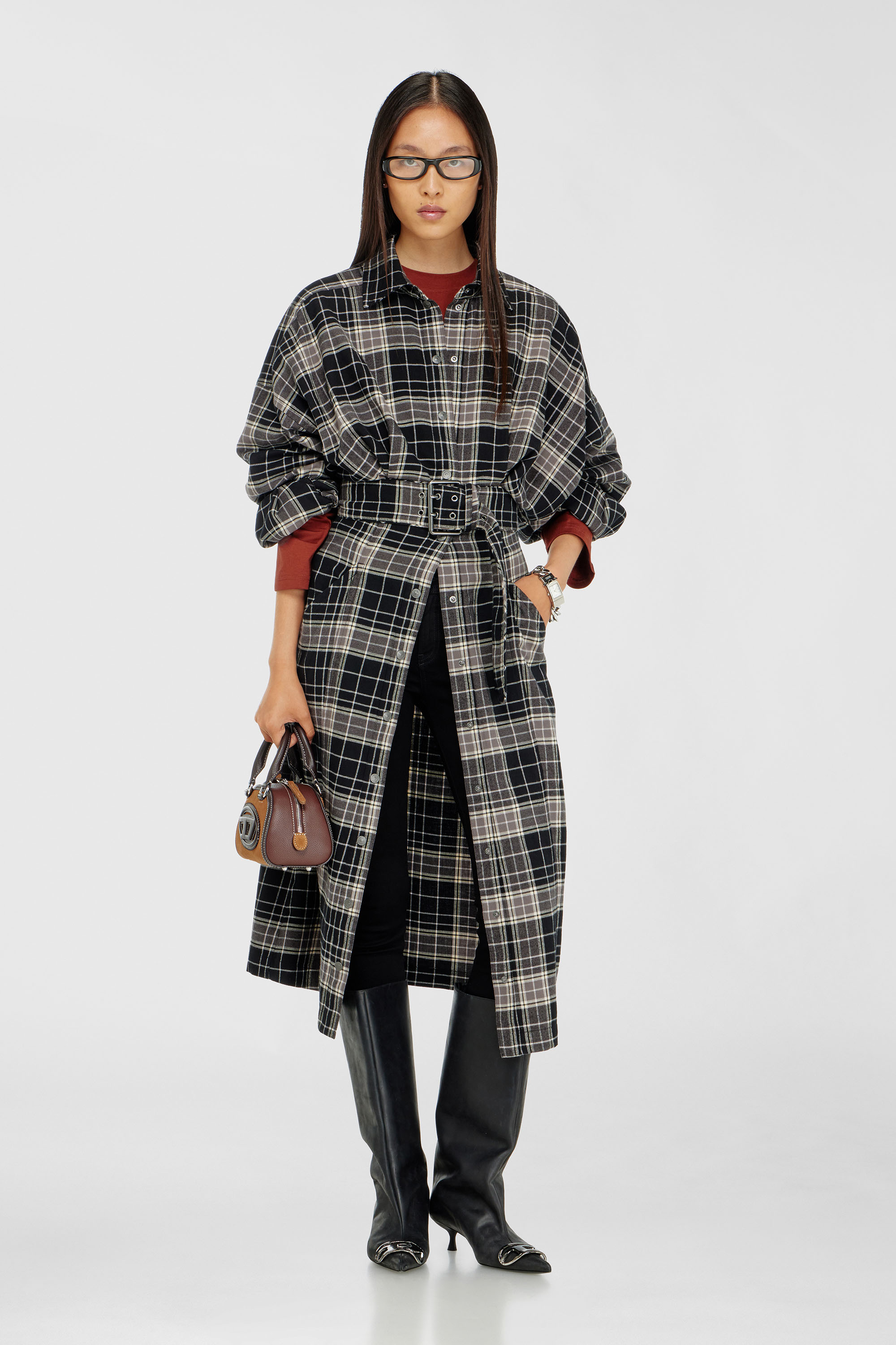 Diesel - D-EDALUS, Woman's Midi dress in check flannel with wide belt in Grey/Black - 1