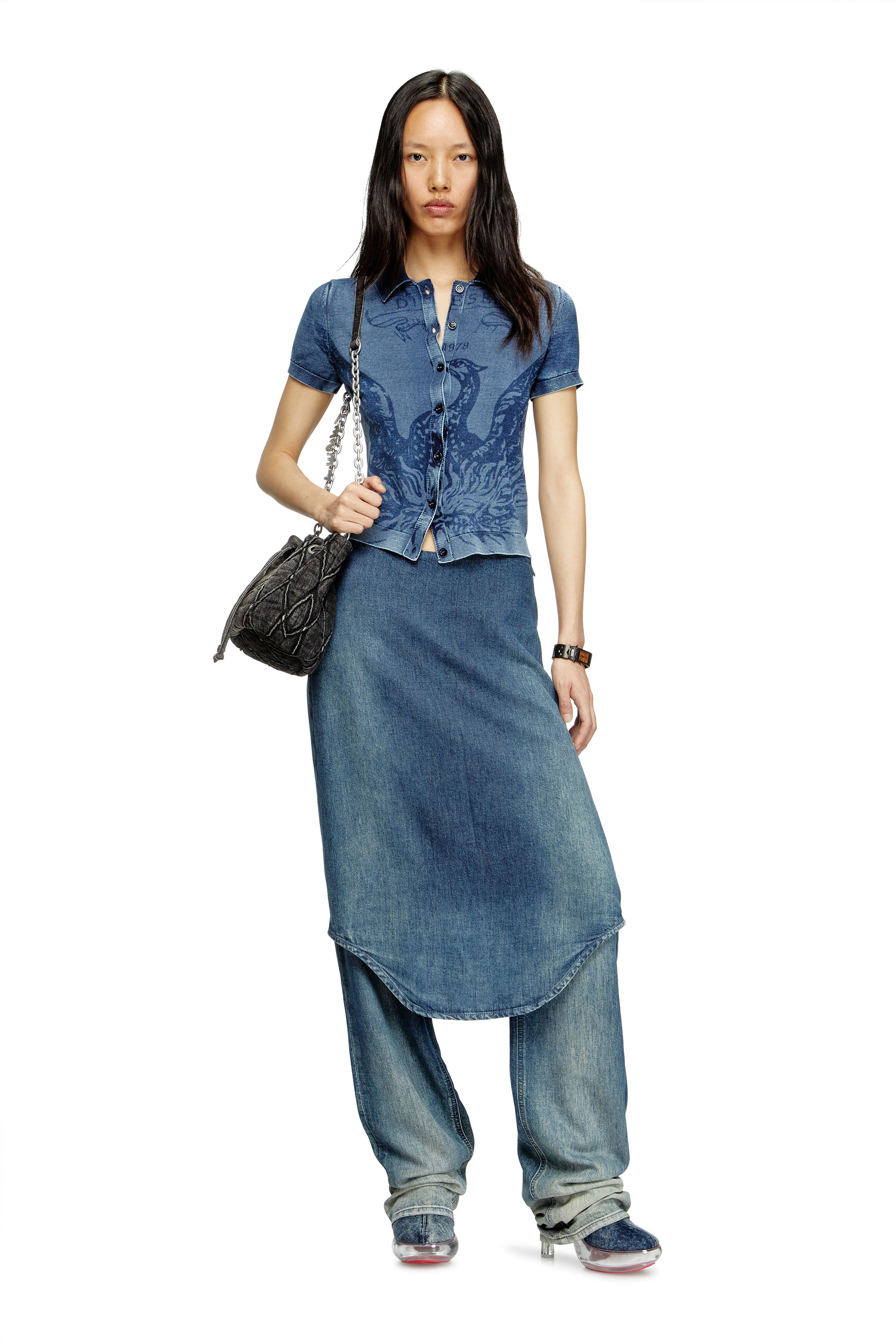 Diesel - M-FENNY, Woman's Indigo shirt-cardigan with Phoenix logo in Medium blue - 1