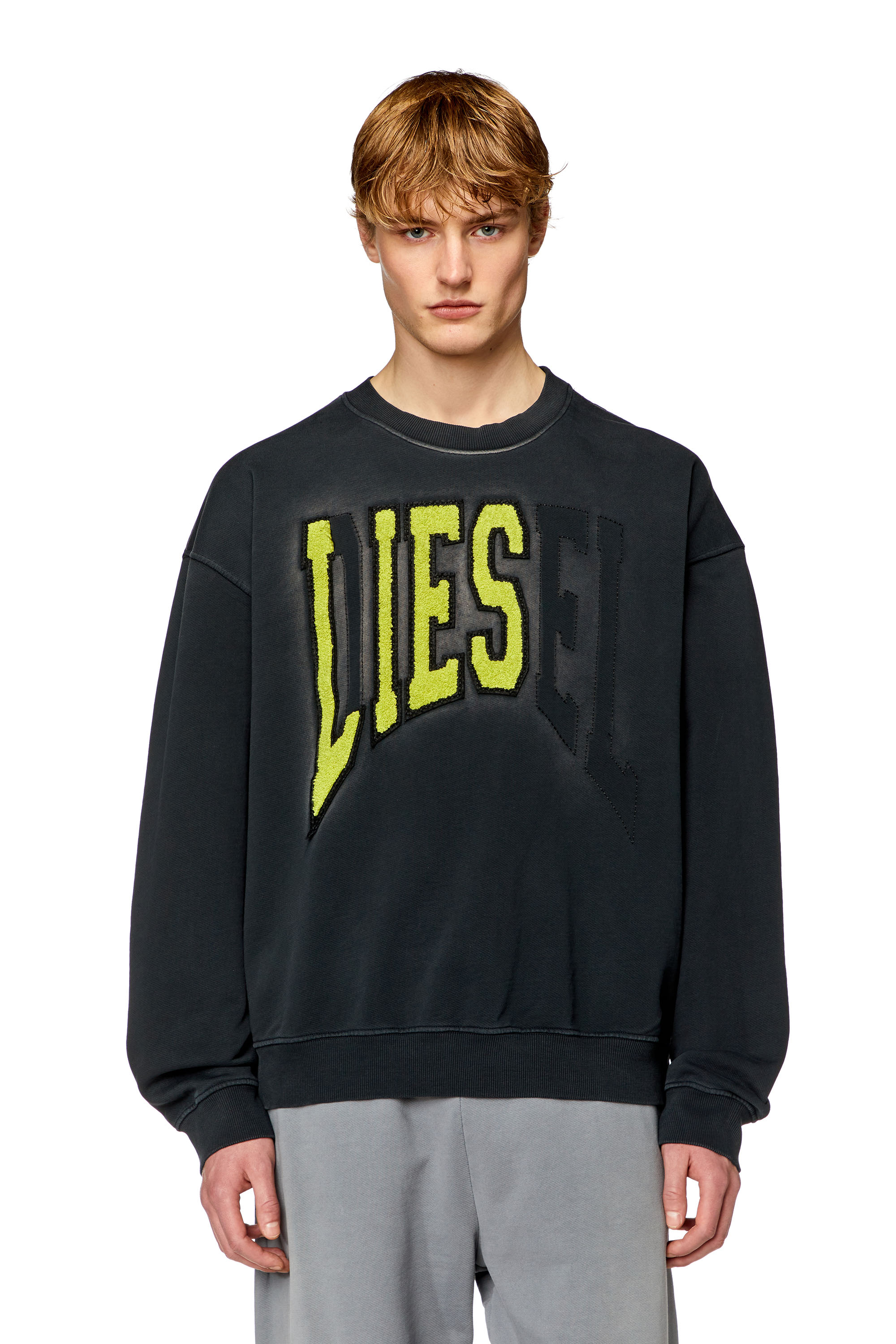 Diesel - S-BOXT-N6, Man College sweatshirt with LIES patches in Black - Image 1