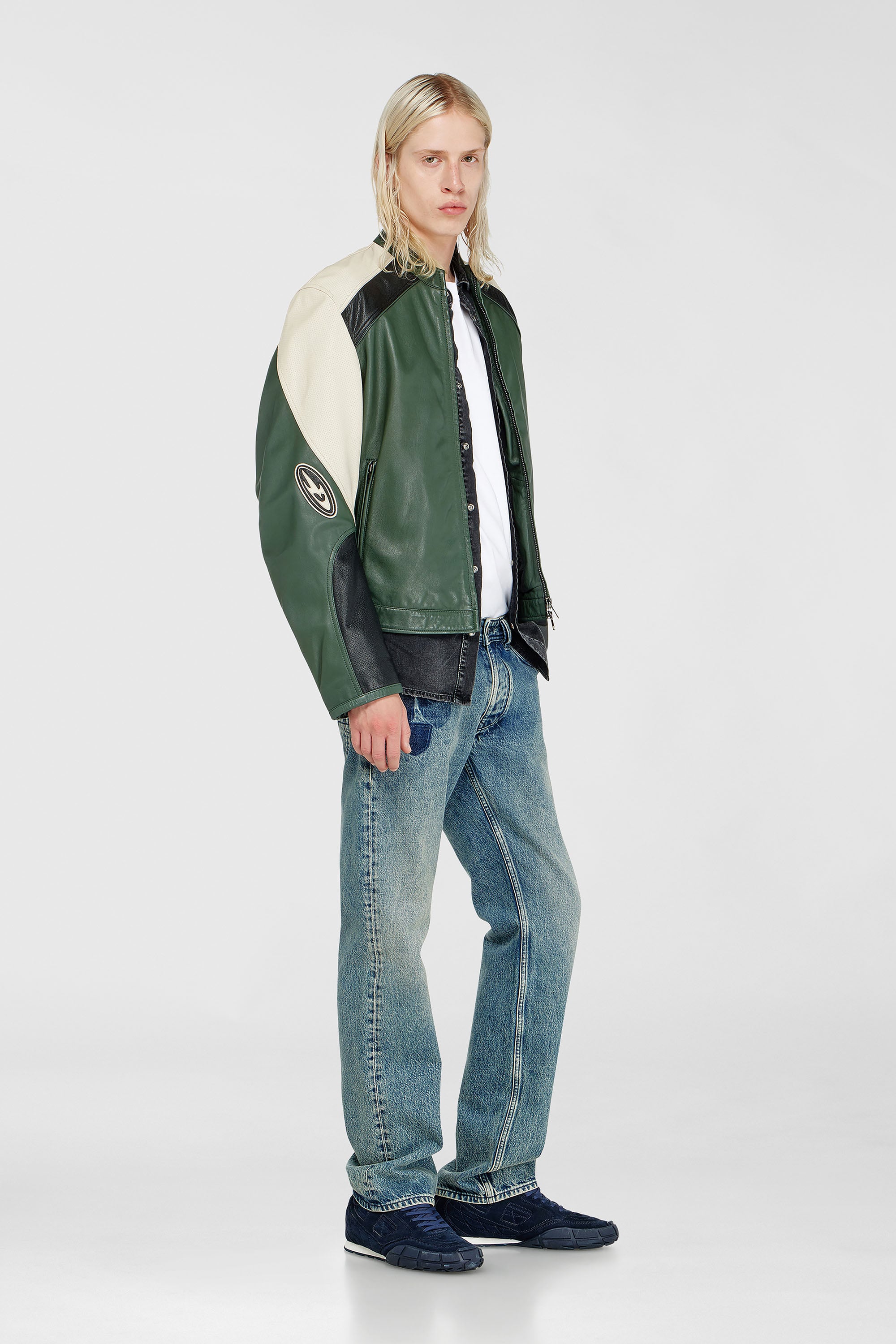 Diesel - L-AHTI, Man's Biker jacket in colour-block perforated leather in Beige/Black - 1
