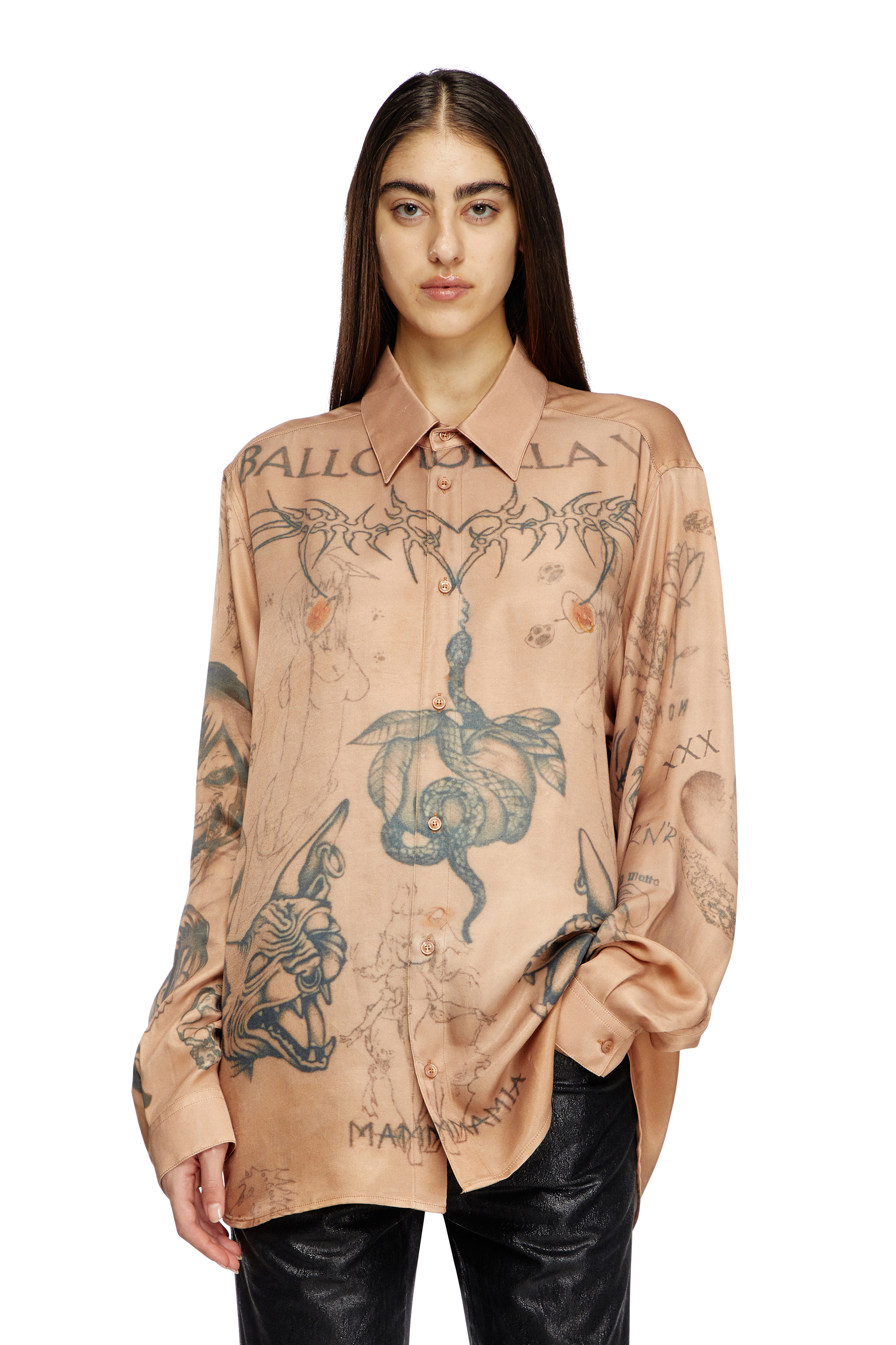 Diesel - S-SIMPLY-TTO-DD, Unisex's Fluid satin shirt with tattoo print in Beige - 6