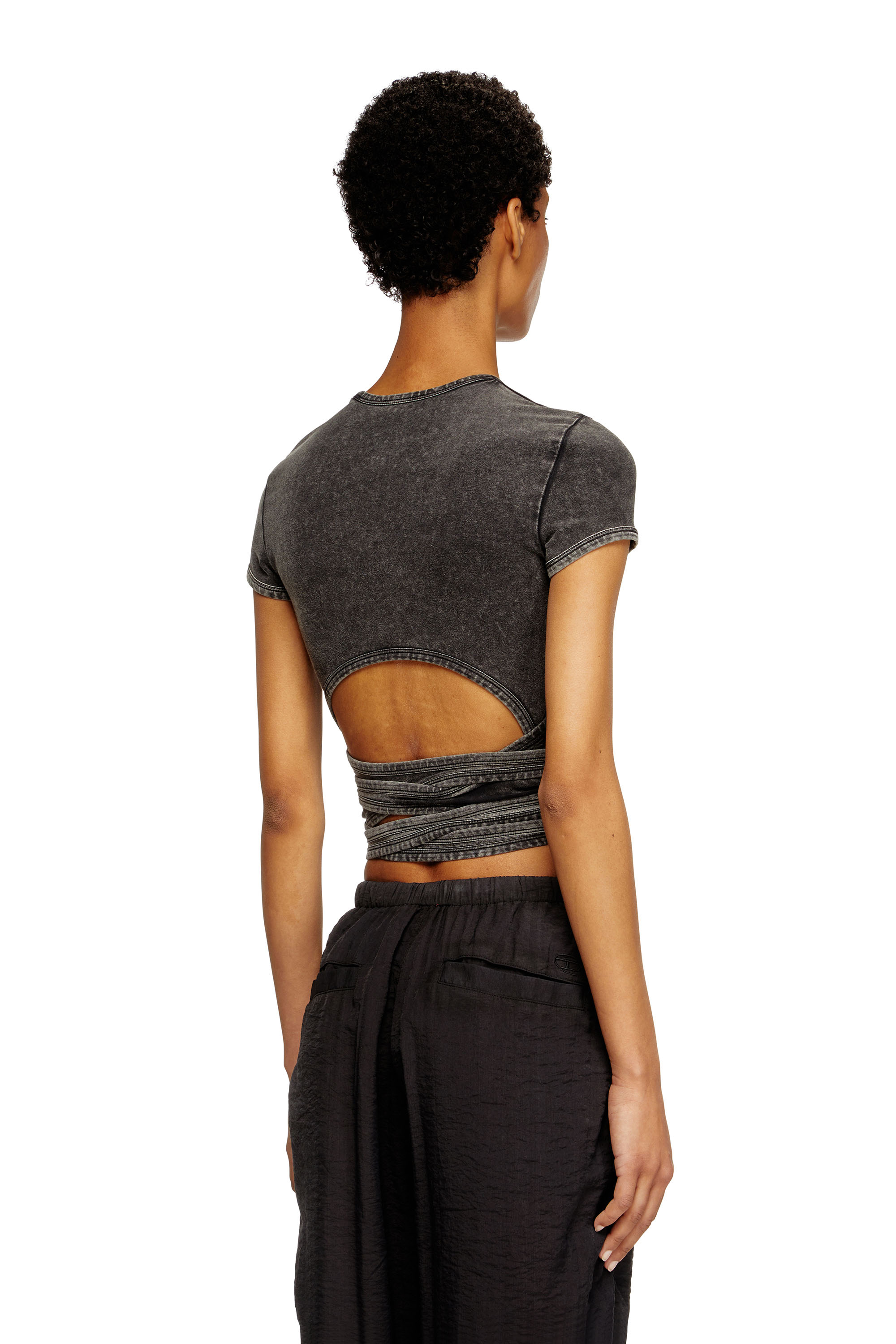 Diesel - T-BUNNY-TAIL-R1, Woman's Denim-look T-shirt with wrap ties in Black - 4