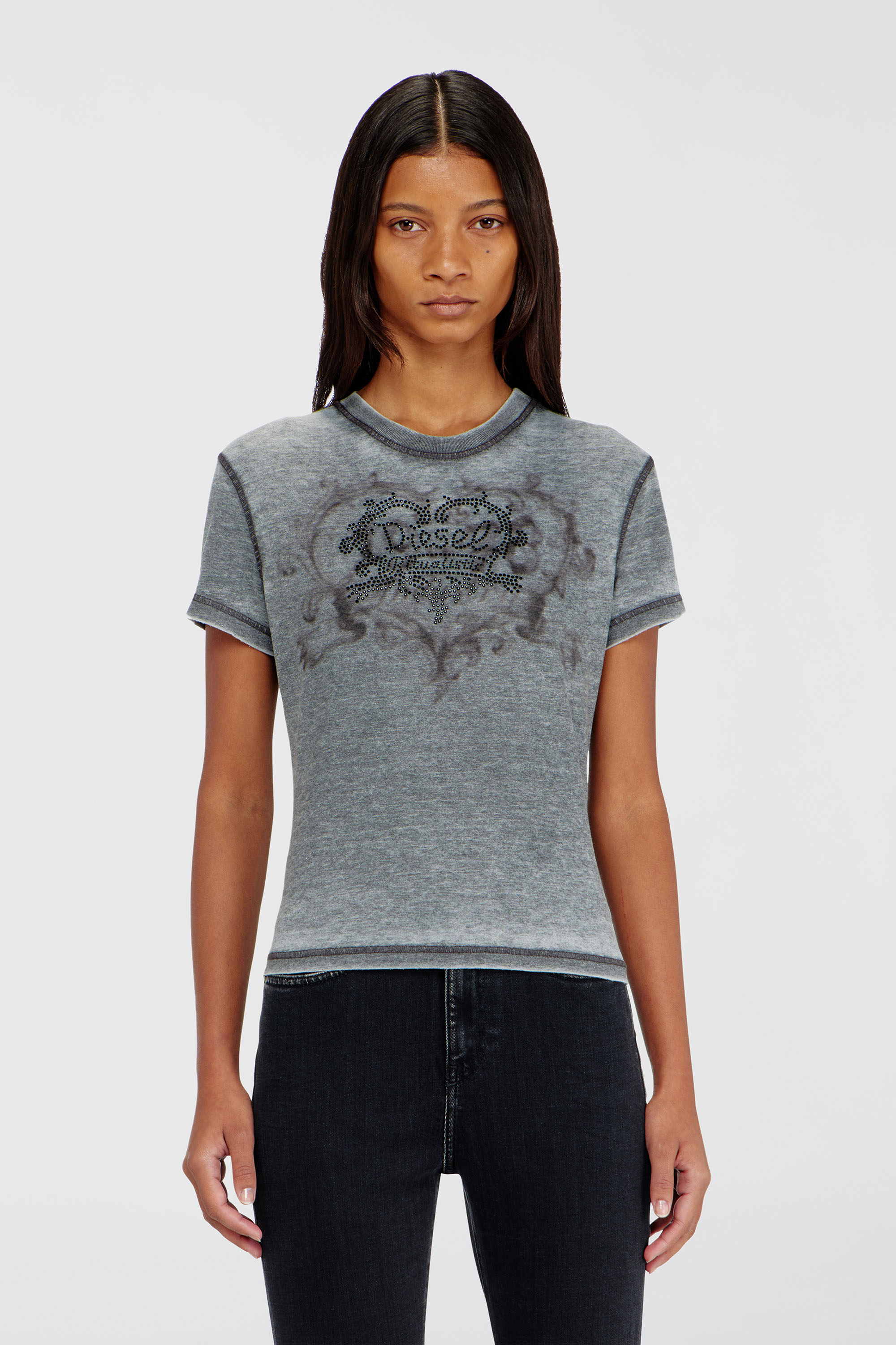 Diesel - T-ILA-AA1, Woman's Jersey t-shirt with rhinestones and burnout effect in Grey - 1