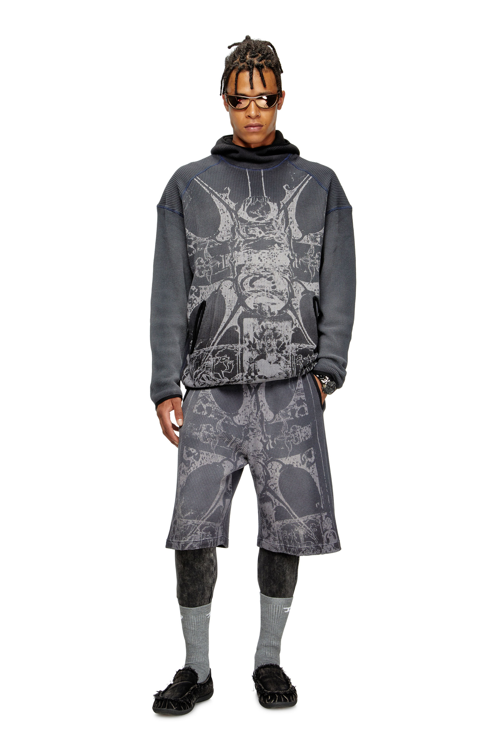 Diesel - S-WAF-HOOD-NEW, Man's Faded waffle hoodie with graphic print in Black - 2