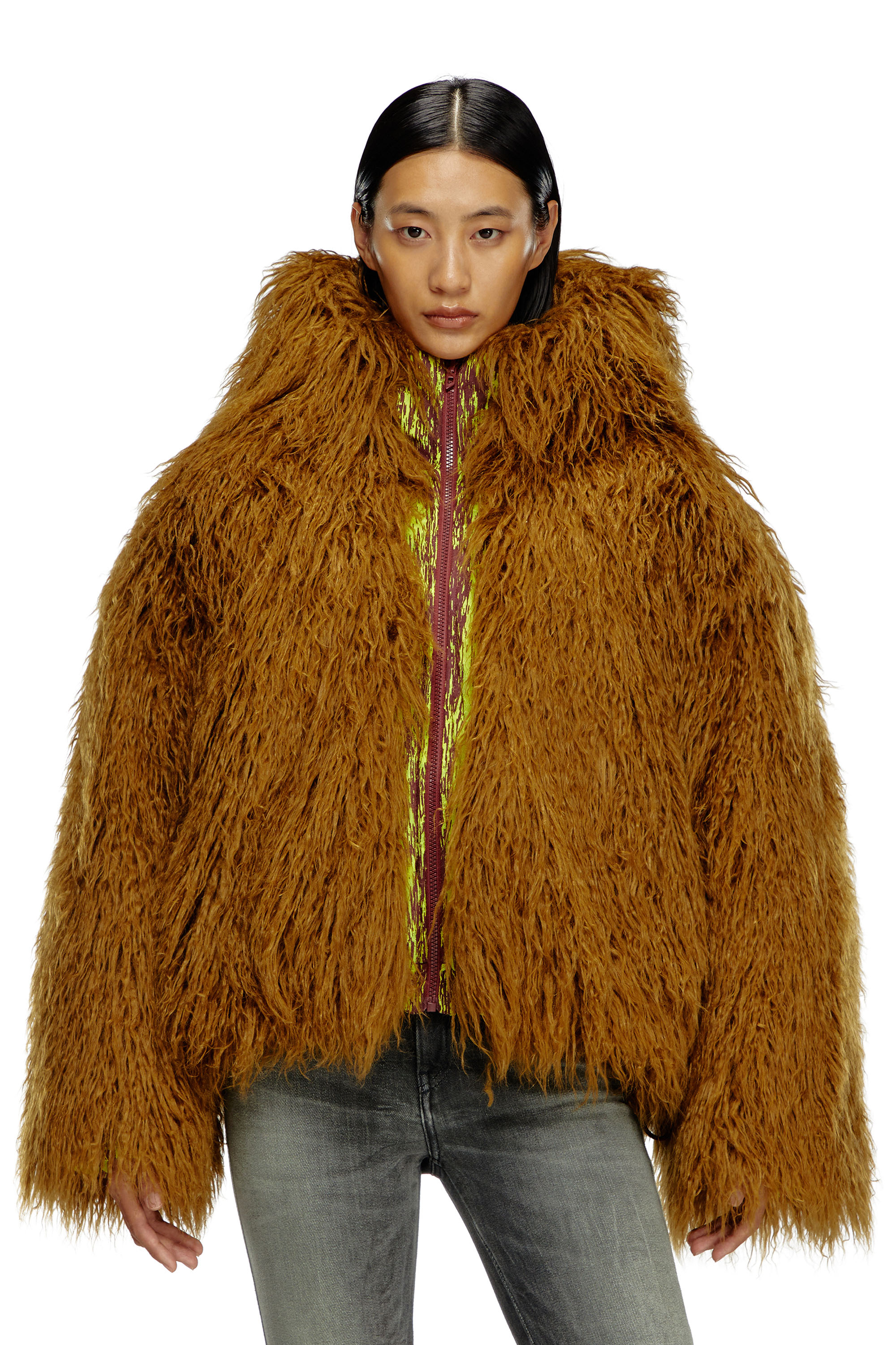 Diesel - W-ASABI, Woman's Reversible devoré and shaggy hair jacket in Brown - 1