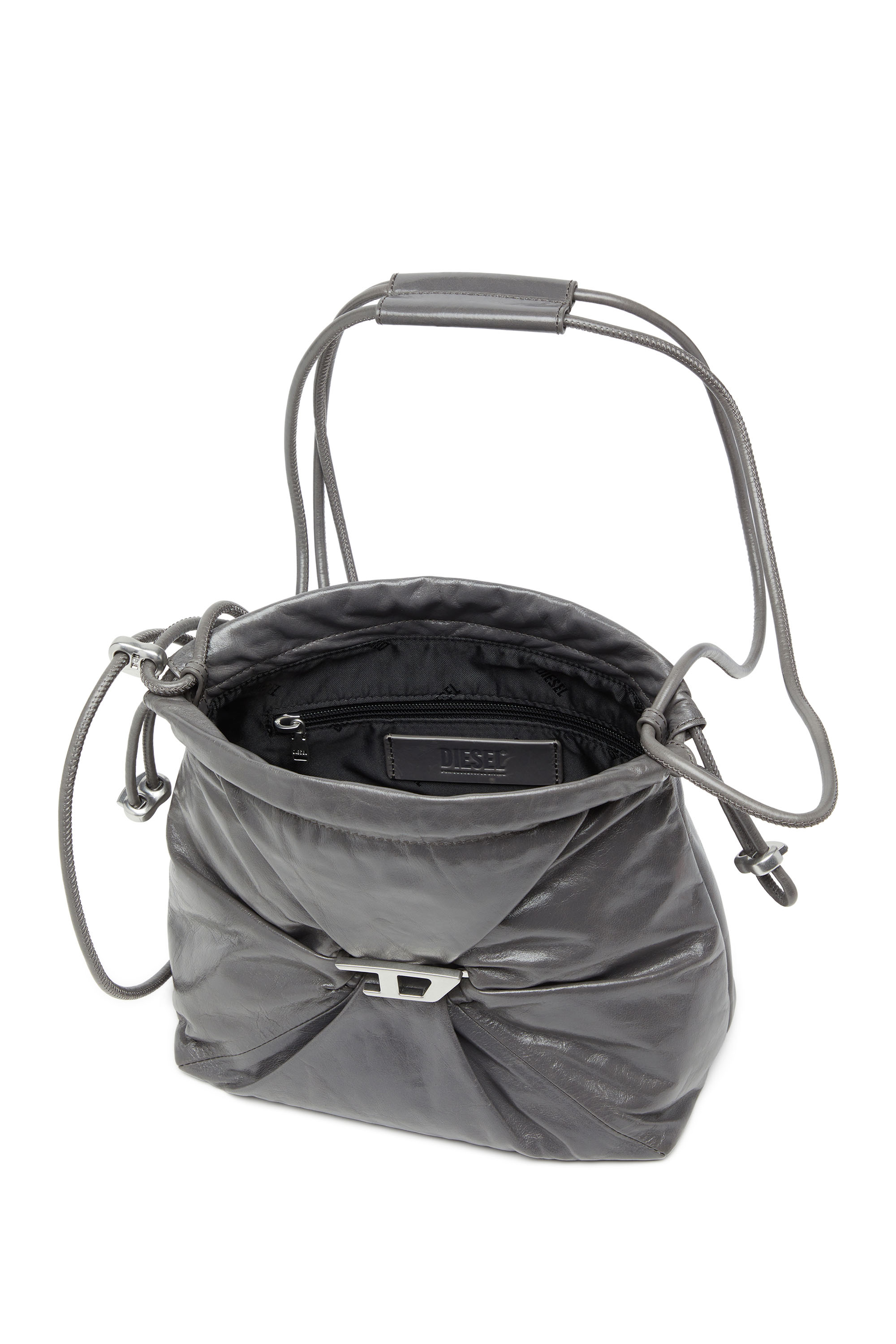 Diesel - SCRUNCH-D BUCKET, Woman's Bucket bag in shiny wrinkled leather in Grey - 4