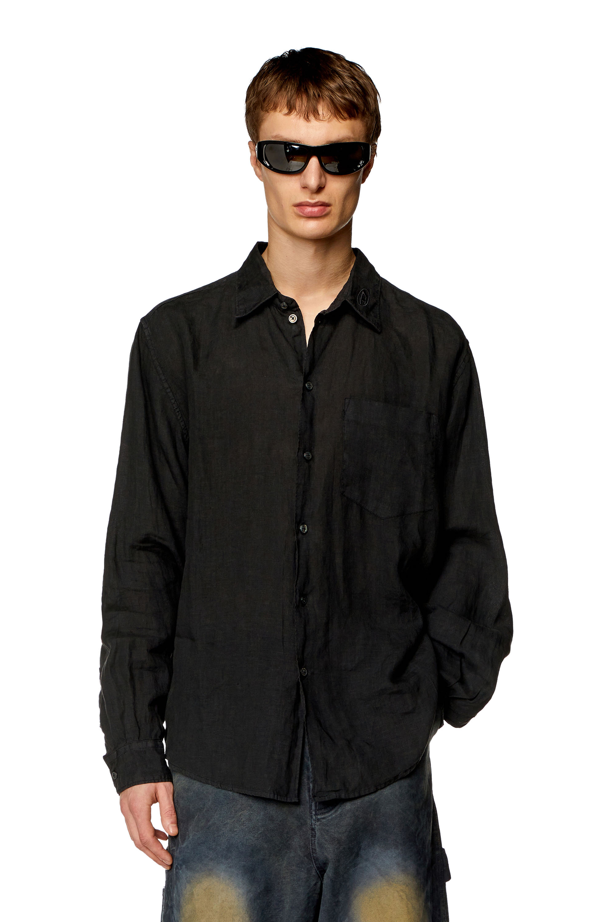 Diesel - S-EMIL, Man Linen shirt with logo collar in Black - Image 1