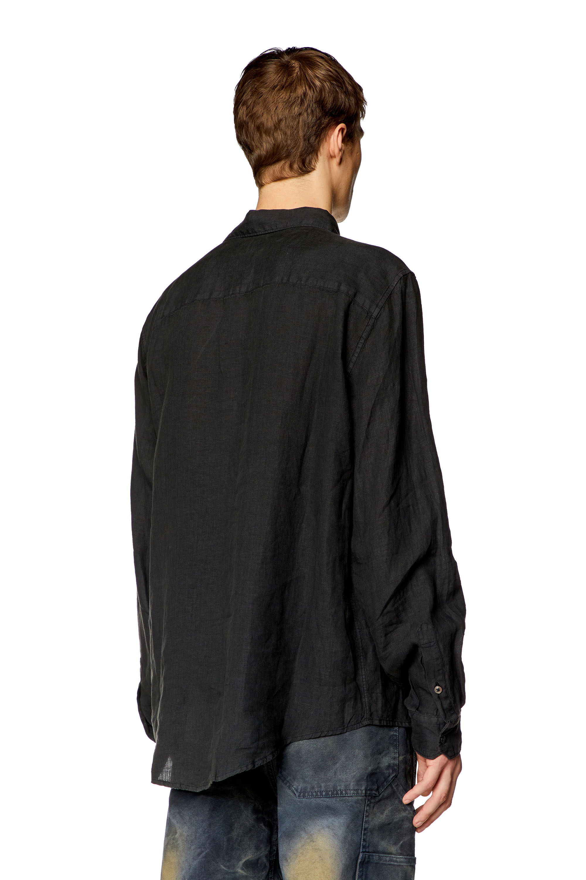 Diesel - S-EMIL, Man Linen shirt with logo collar in Black - Image 4